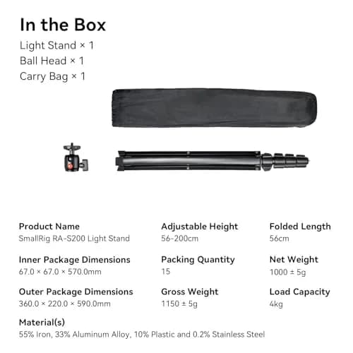 SMALLRIG RA-S200 Light Stand 6.6ft Aluminum Adjustable Support for Photography & Studio Use thumbnail 8