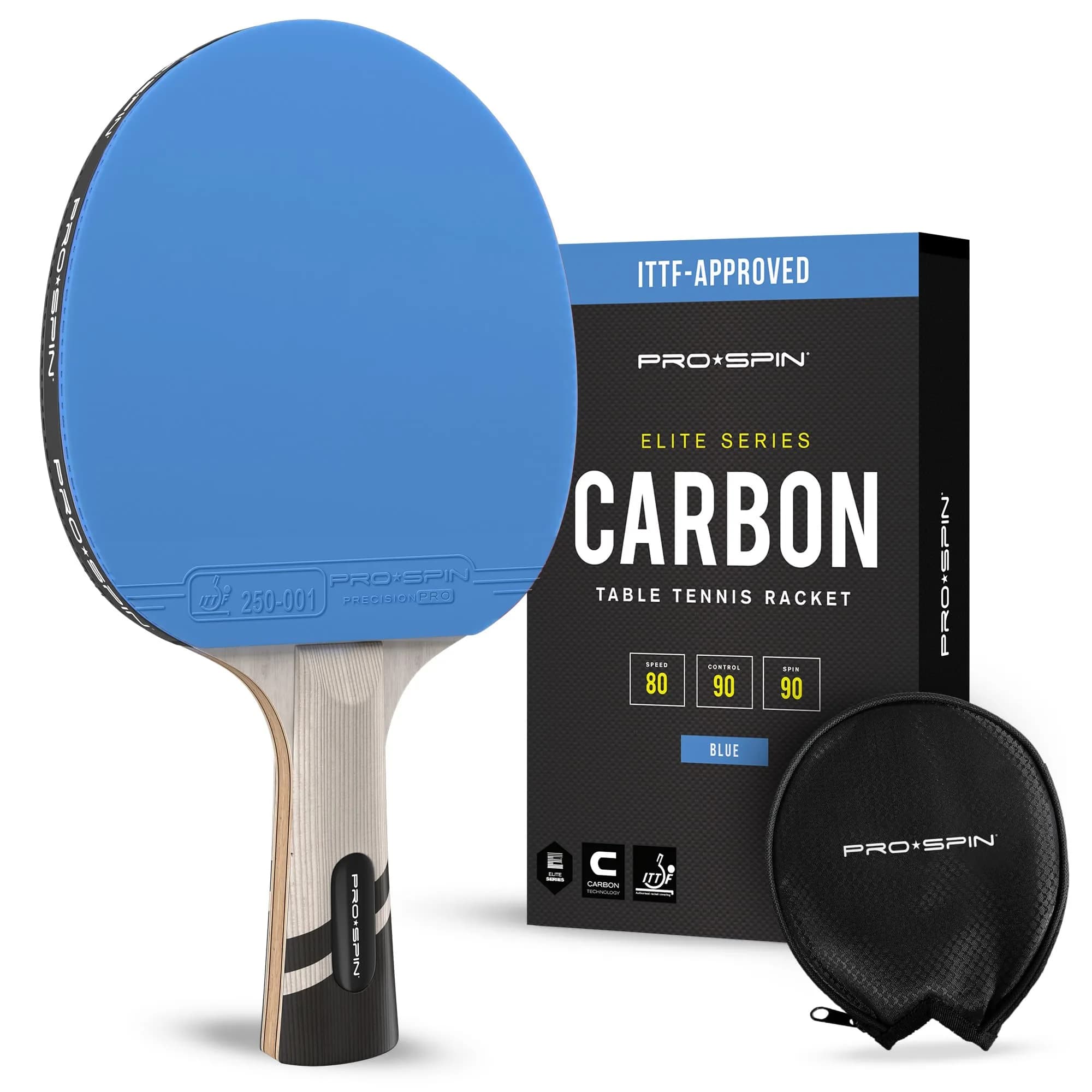 PRO-SPIN Carbon Fiber Table Tennis Rackets | 7-Ply Blade, 2.0mm Sponge, Shakehand Grip (Red, 1-Pack) — Blue