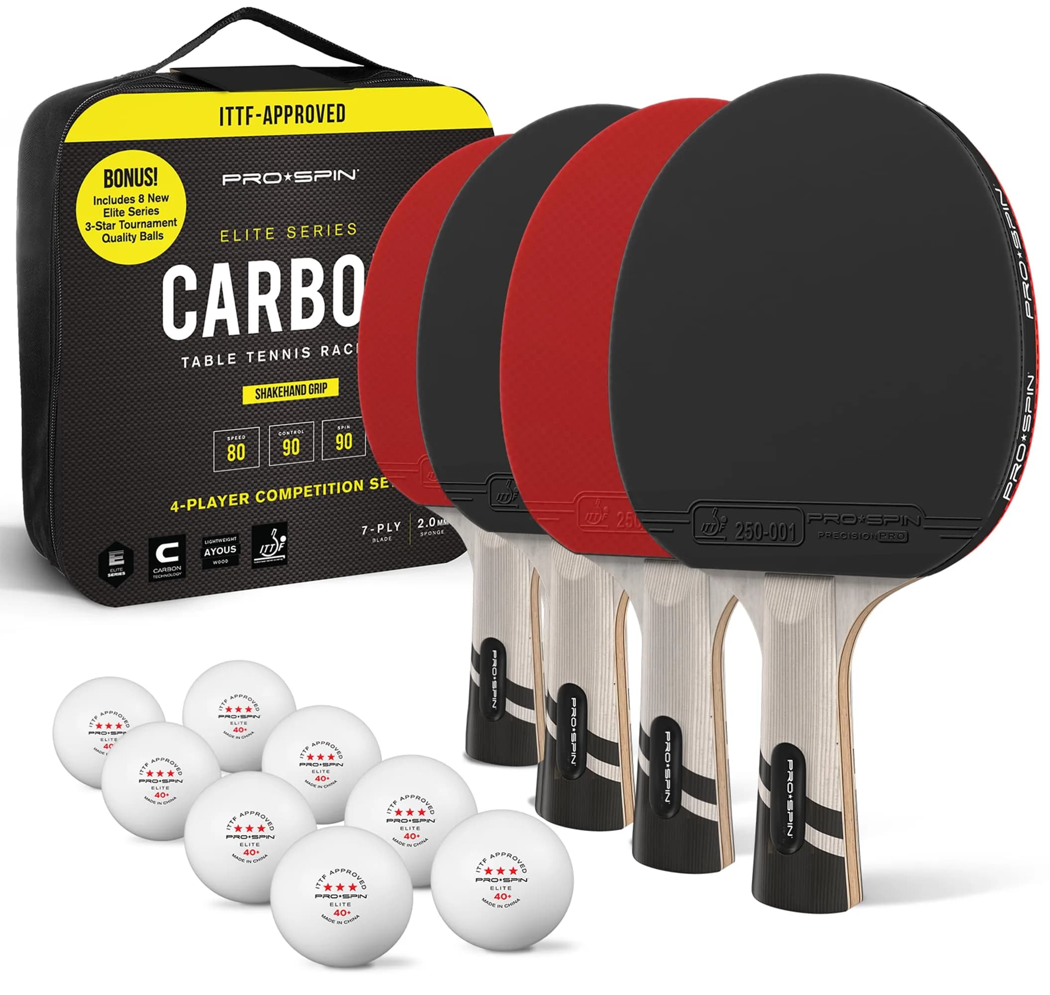 PRO-SPIN Active Red 4-Pack Carbon Fiber Table Tennis Rackets | 7-Ply Blade, 2.0mm Sponge - main product image