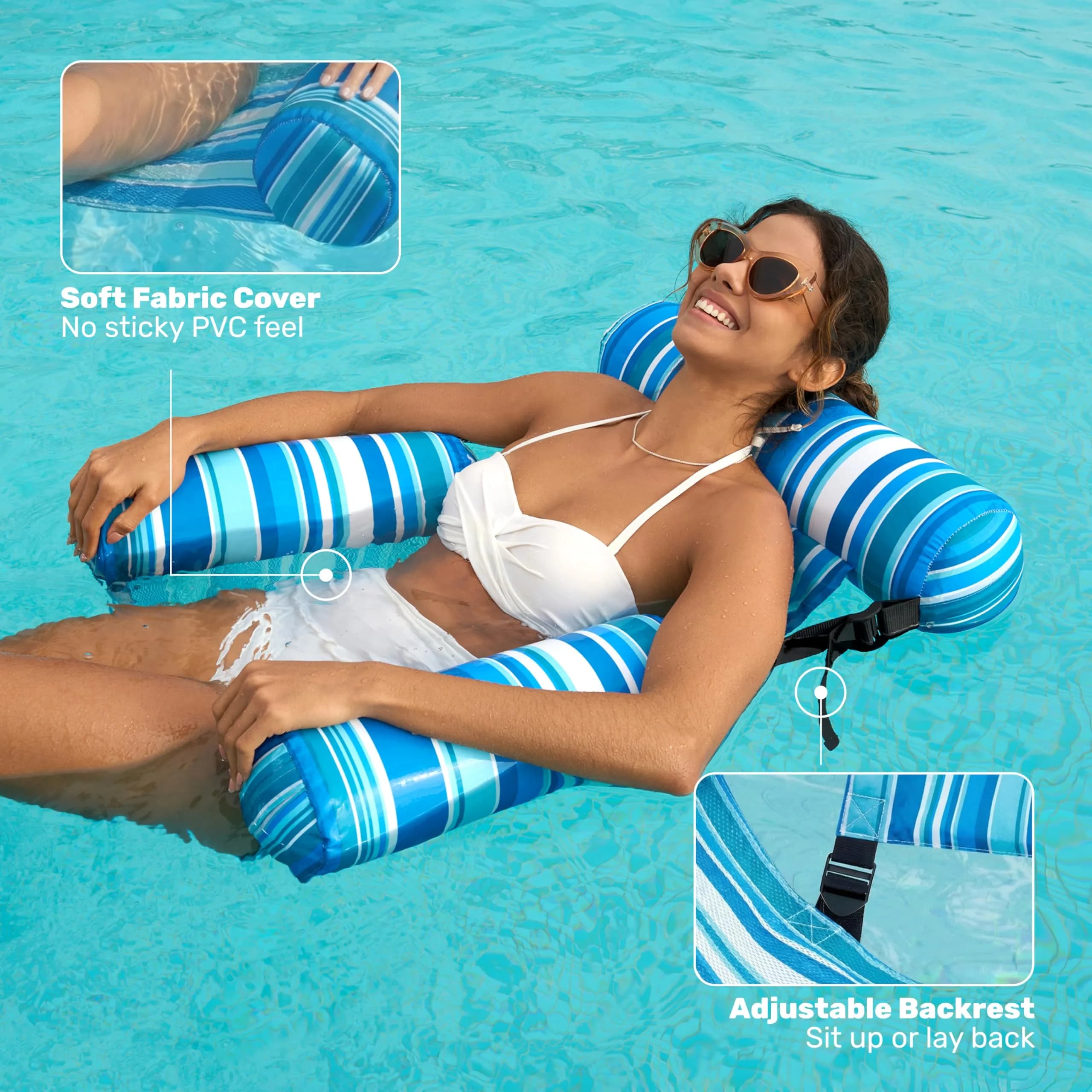 Sloosh Inflatable Pool Lounge Chairs 2-Pack | 250 lb Weight Capacity, Stripe Pattern, Green/Blue - view 4