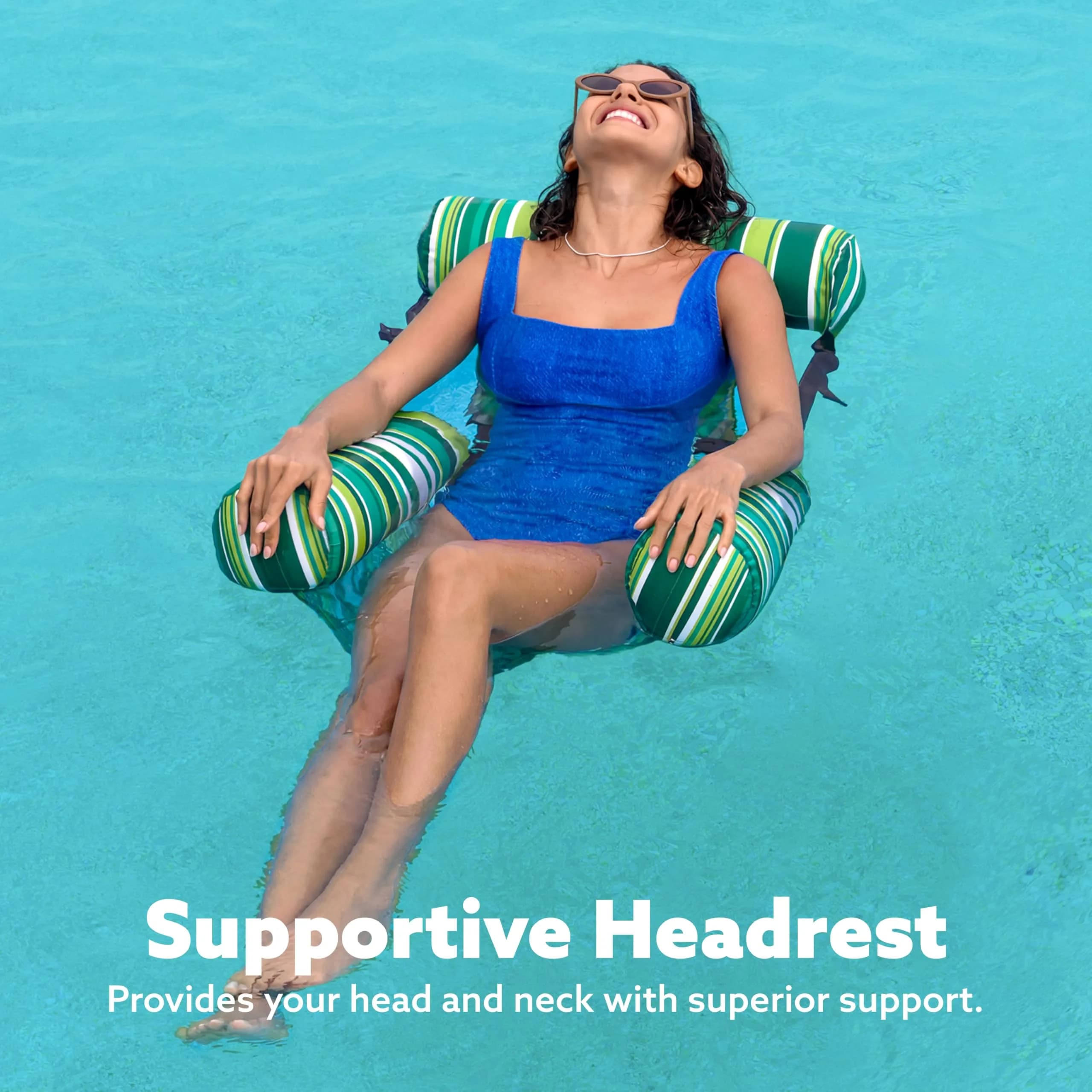 Sloosh Inflatable Pool Lounge Chairs 2-Pack | 250 lb Weight Capacity, Stripe Pattern, Green/Blue - view 6