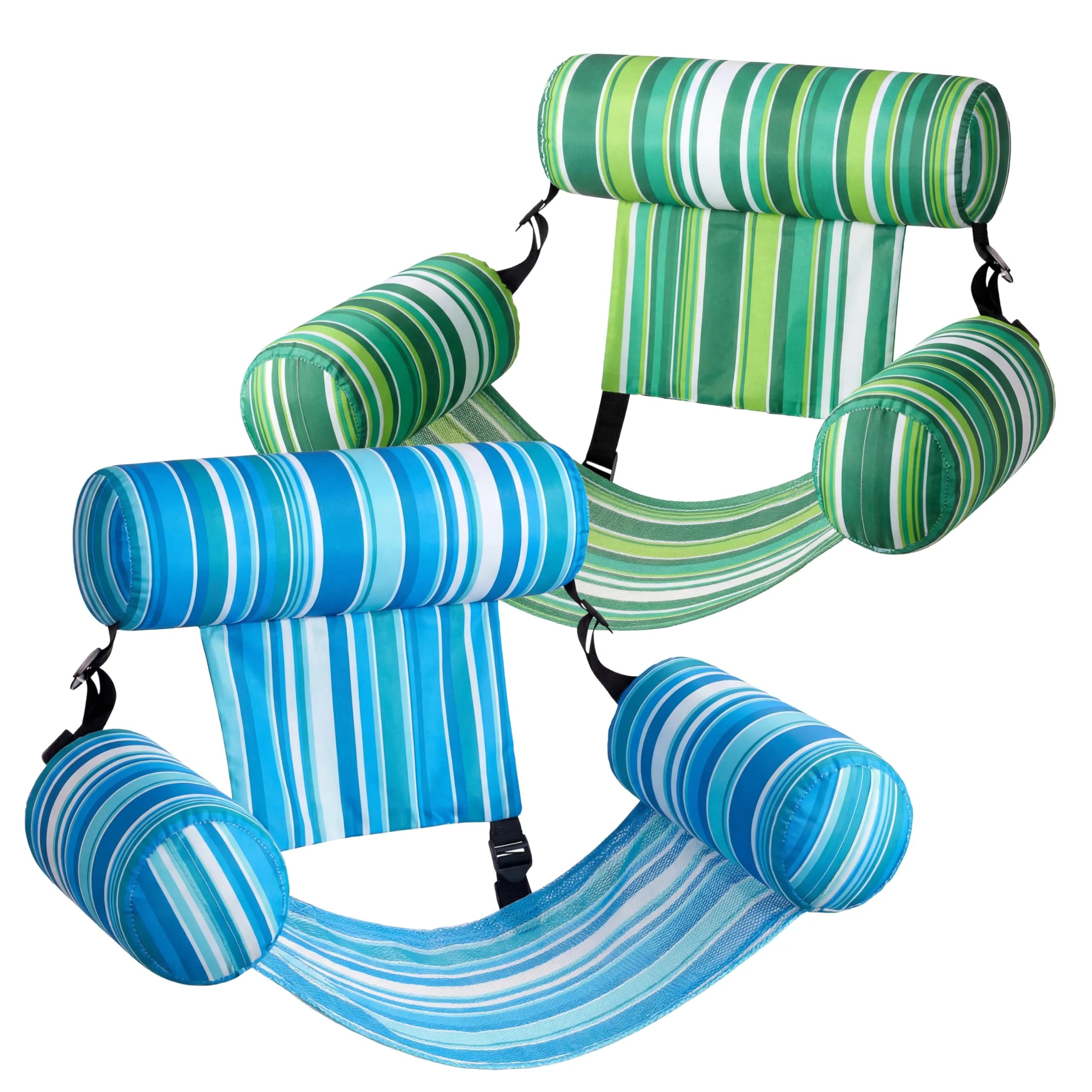 Sloosh Inflatable Pool Lounge Chairs 2-Pack | 250 lb Weight Capacity, Stripe Pattern, Green/Blue