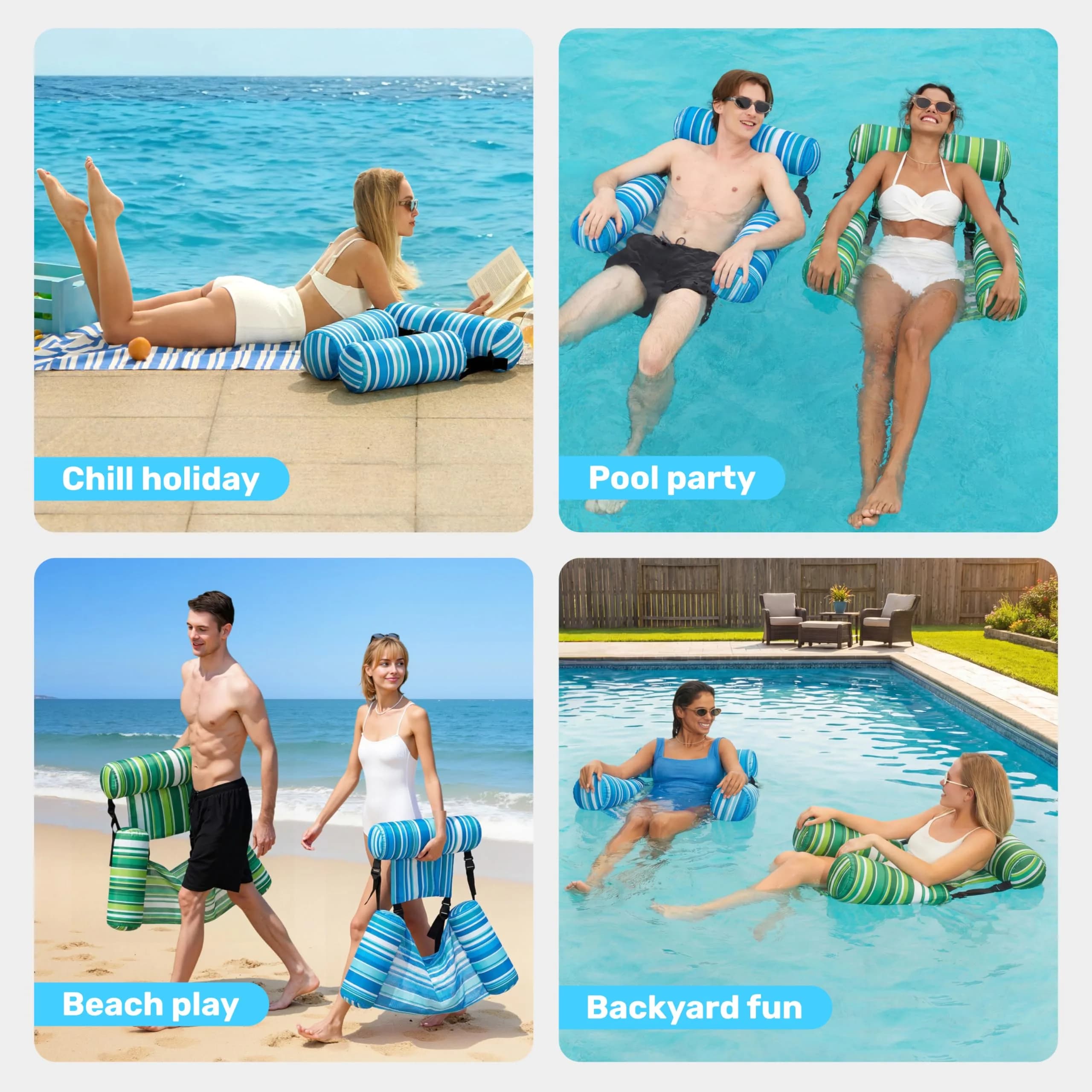 Sloosh Inflatable Pool Lounge Chairs 2-Pack | 250 lb Weight Capacity, Stripe Pattern, Green/Blue - view 7