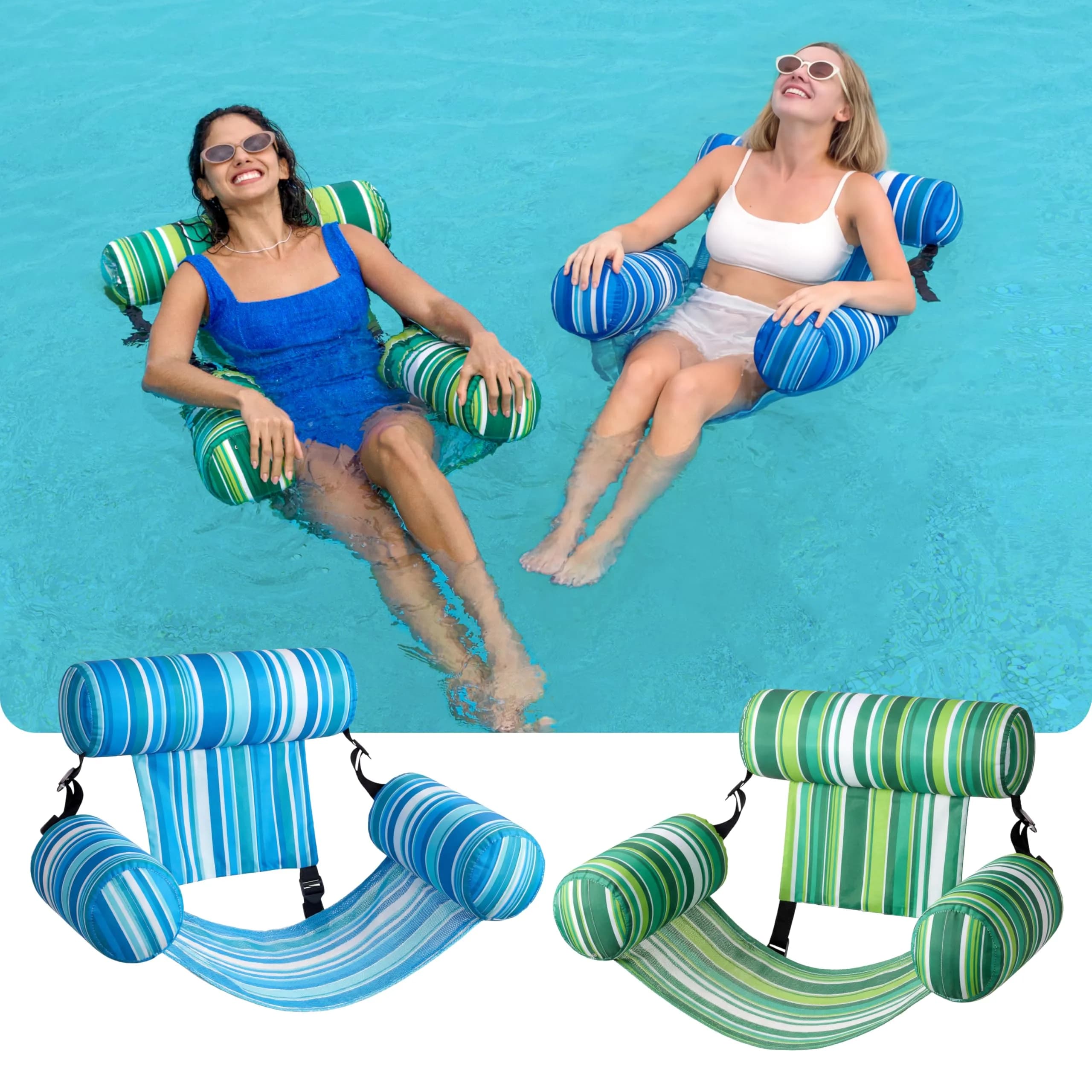 Sloosh Inflatable Pool Lounge Chairs 2-Pack | 250 lb Weight Capacity, Stripe Pattern, Green/Blue - view 2