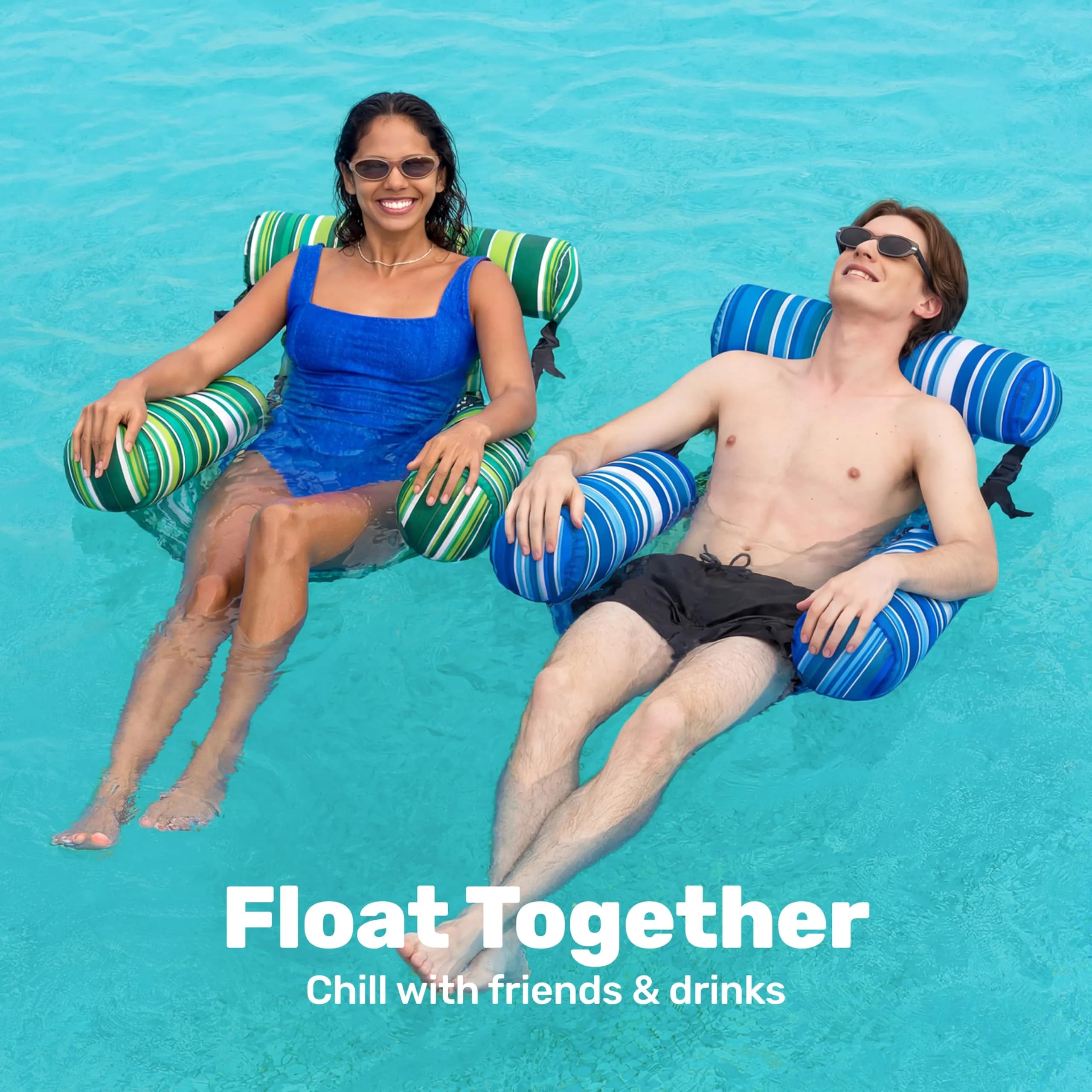 Sloosh Inflatable Pool Lounge Chairs 2-Pack | 250 lb Weight Capacity, Stripe Pattern, Green/Blue - view 3