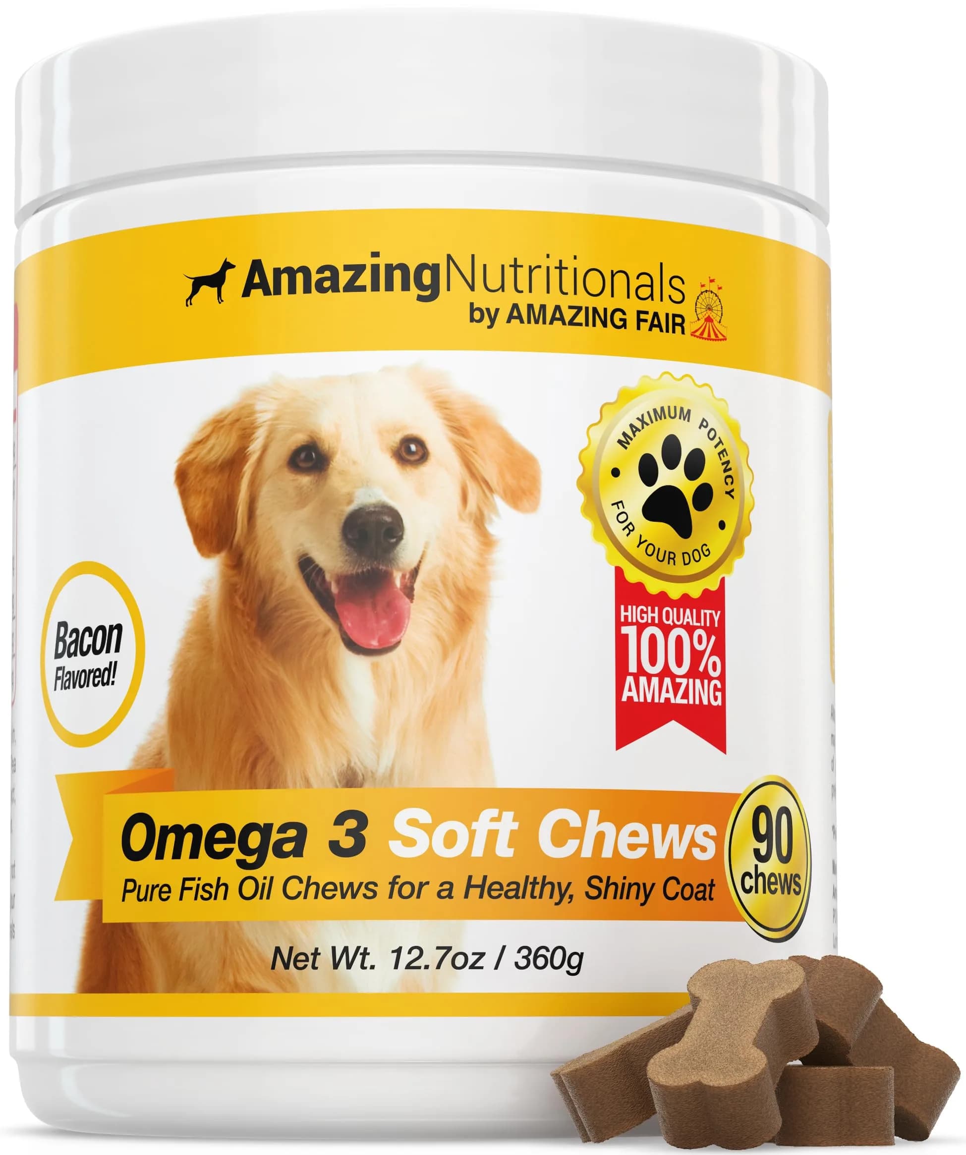 Amazing Omega 3 for Dogs - Fish Oil Soft Chews 90 Bacon Flavored | Skin & Coat Support