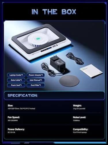 llano V12 RGB Laptop Cooling Pad, Gaming Laptop Cooler with 5.5-inch Turbofan, 44°C Drop, 36W Power, White (2.13 kg) thumbnail 8