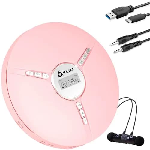KLIM Discman Portable CD Player with Headphones, Built-in Battery, Pink | Anti-Skip Protection — Pink