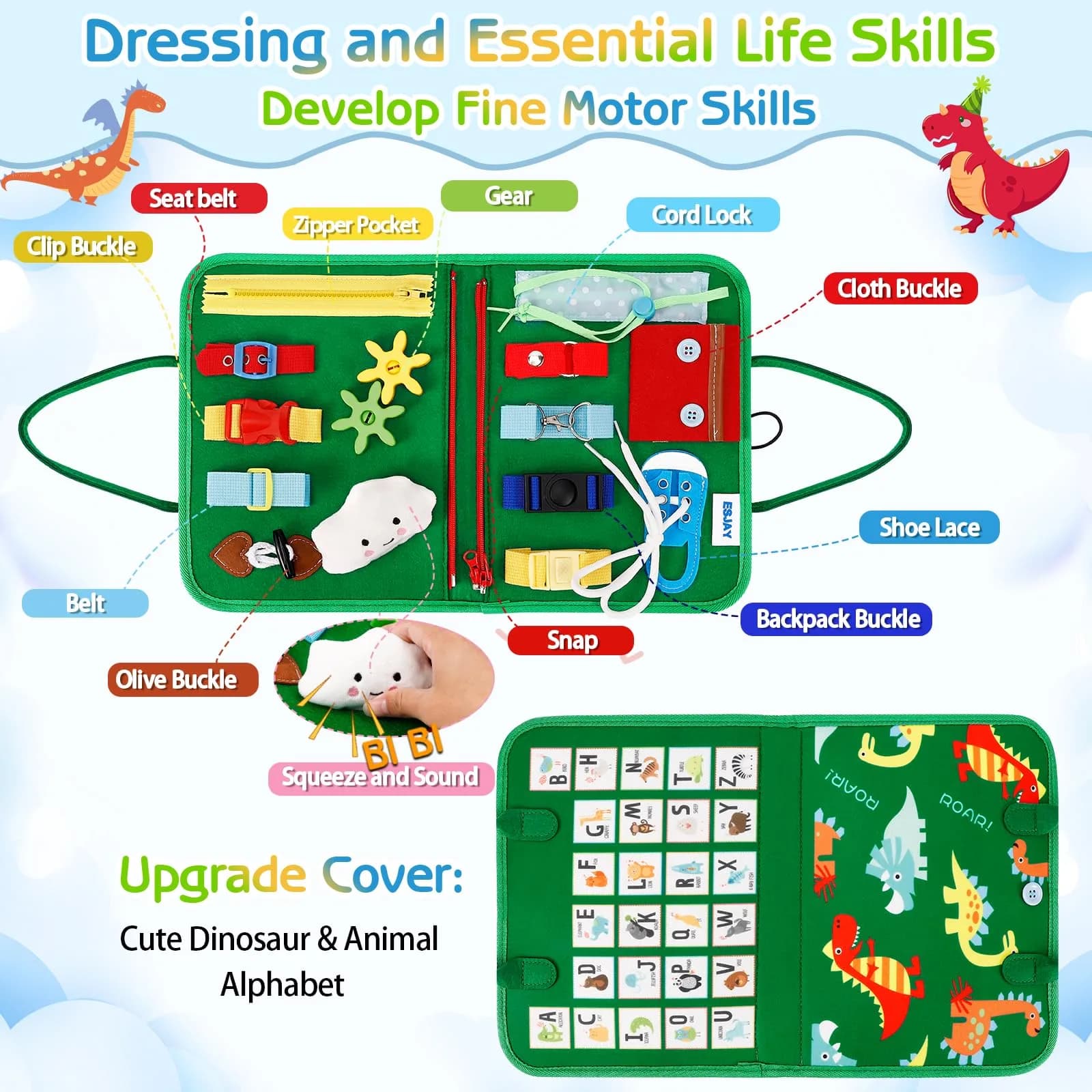 Esjay Green Dinosaur Toddler Busy Board Montessori Toy | 8-Page Educational Fine Motor Skills Activity Book - view 2