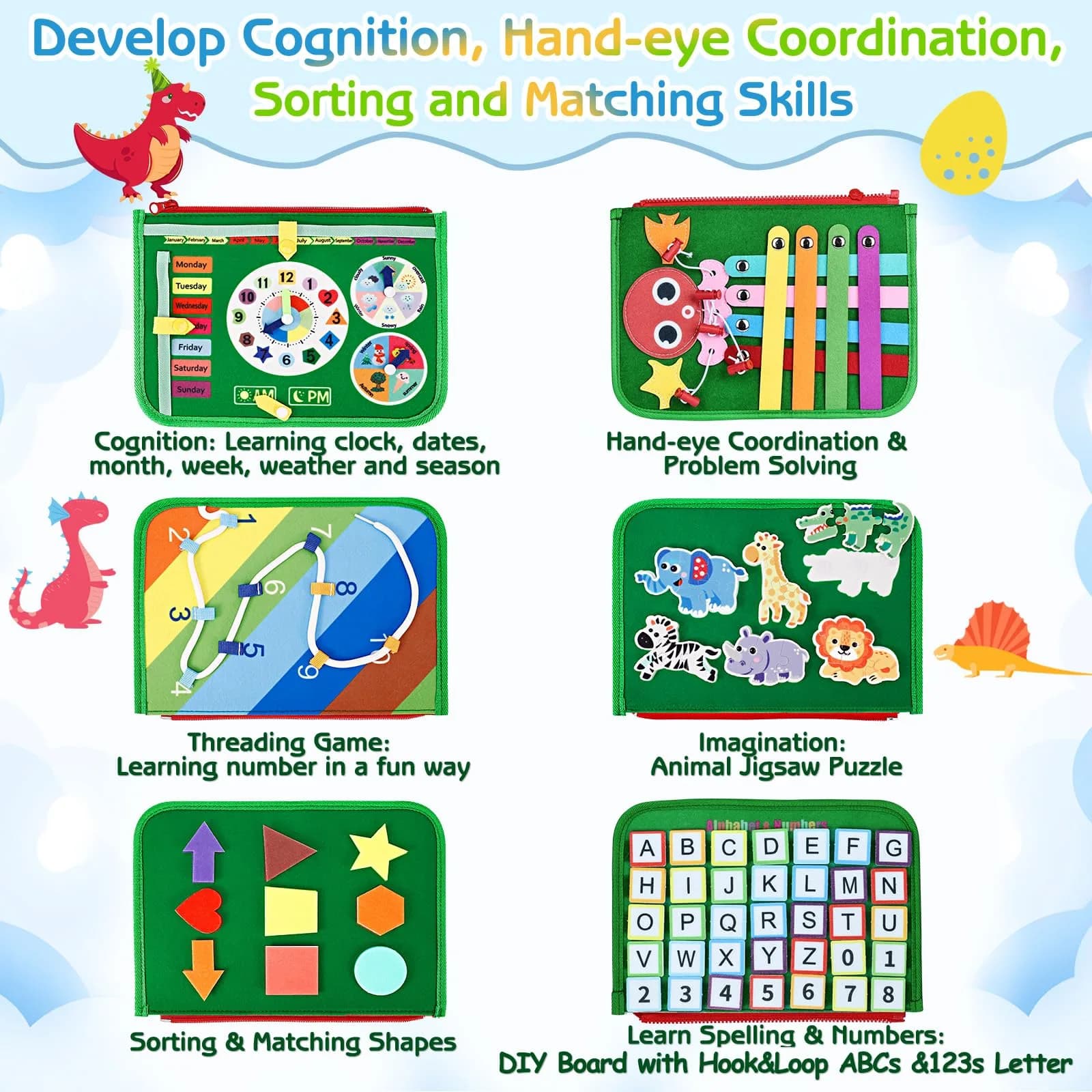 Esjay Green Dinosaur Toddler Busy Board Montessori Toy | 8-Page Educational Fine Motor Skills Activity Book - view 3