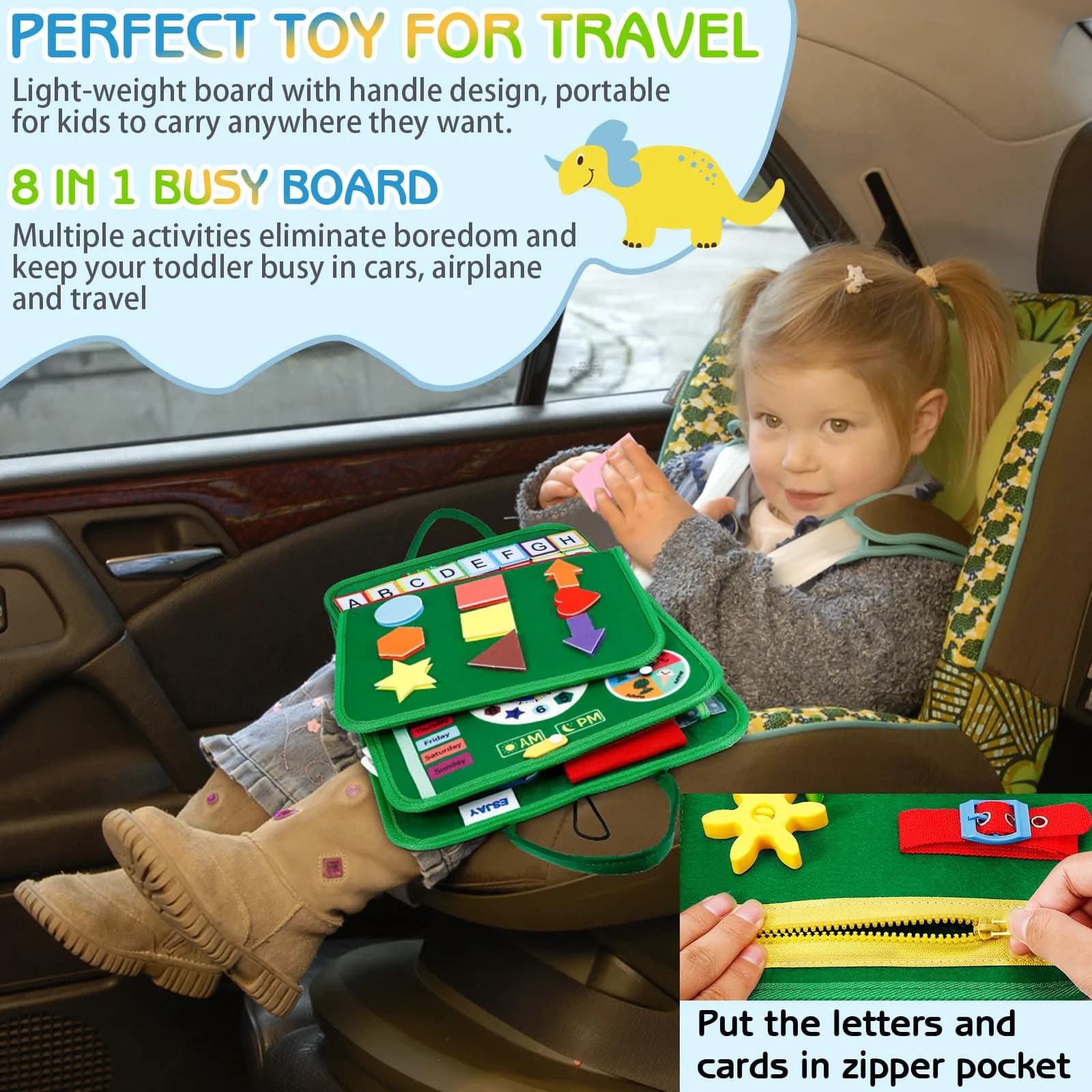 Esjay Green Dinosaur Toddler Busy Board Montessori Toy | 8-Page Educational Fine Motor Skills Activity Book - view 4