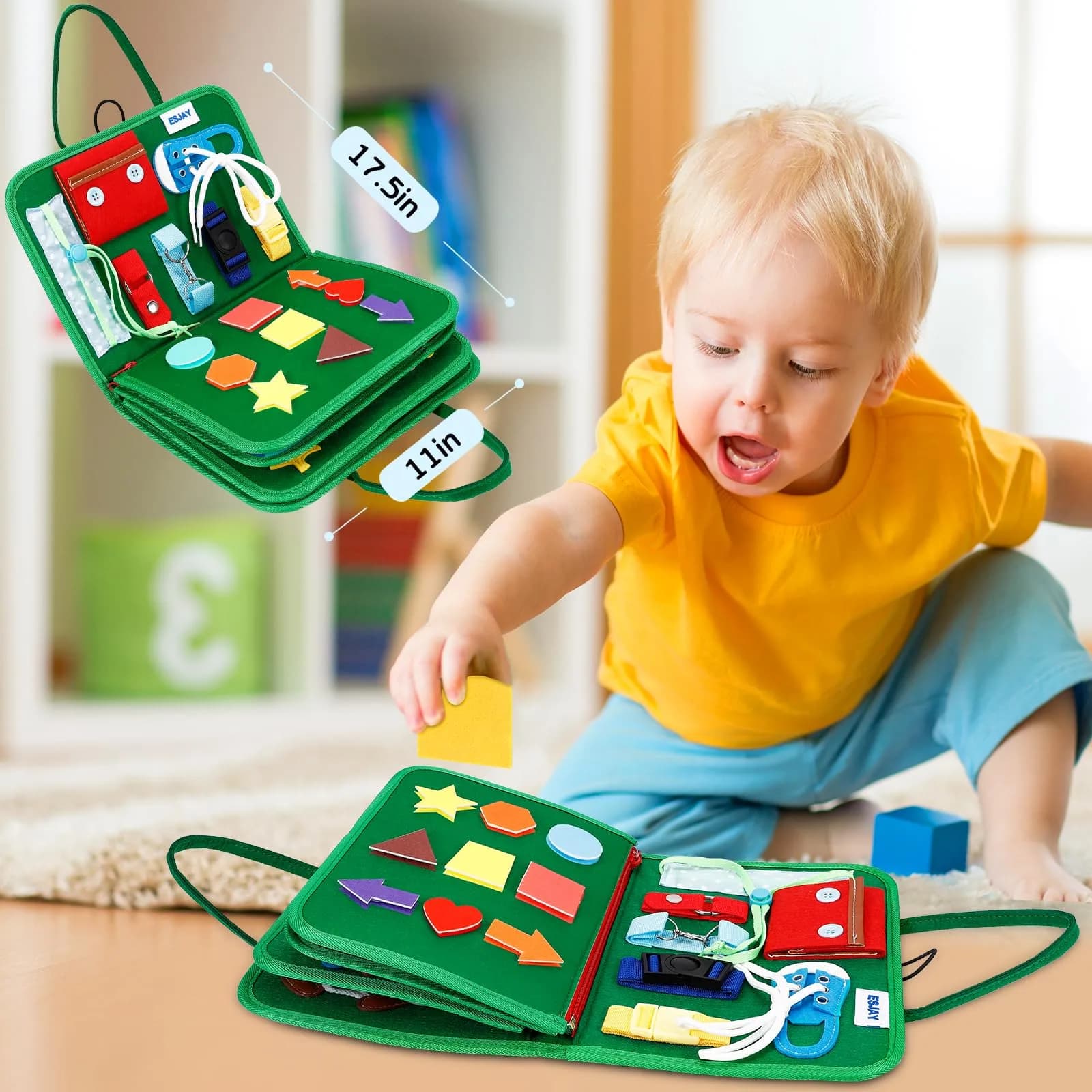 Esjay Green Dinosaur Toddler Busy Board Montessori Toy | 8-Page Educational Fine Motor Skills Activity Book - view 5