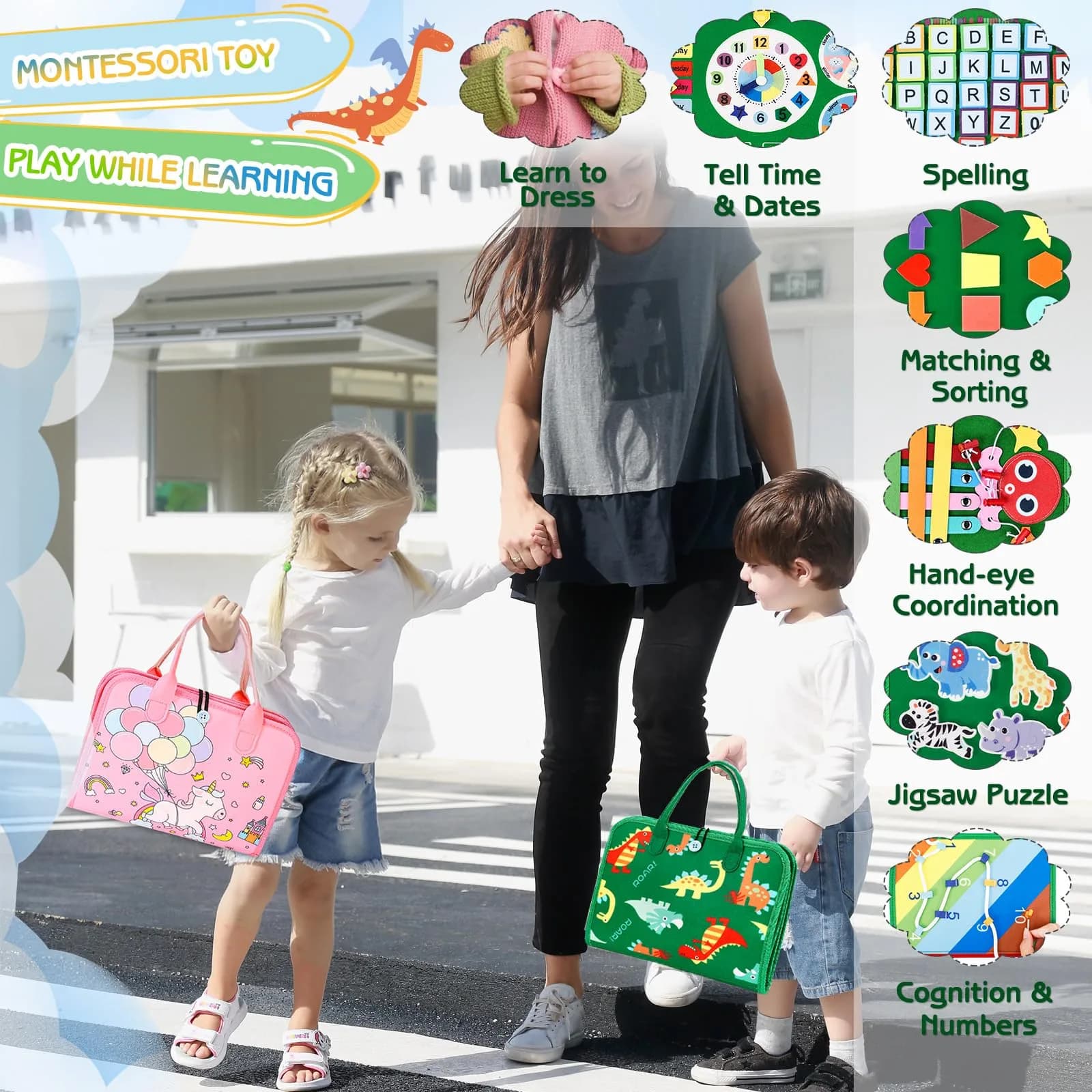 Esjay Green Dinosaur Toddler Busy Board Montessori Toy | 8-Page Educational Fine Motor Skills Activity Book - view 6