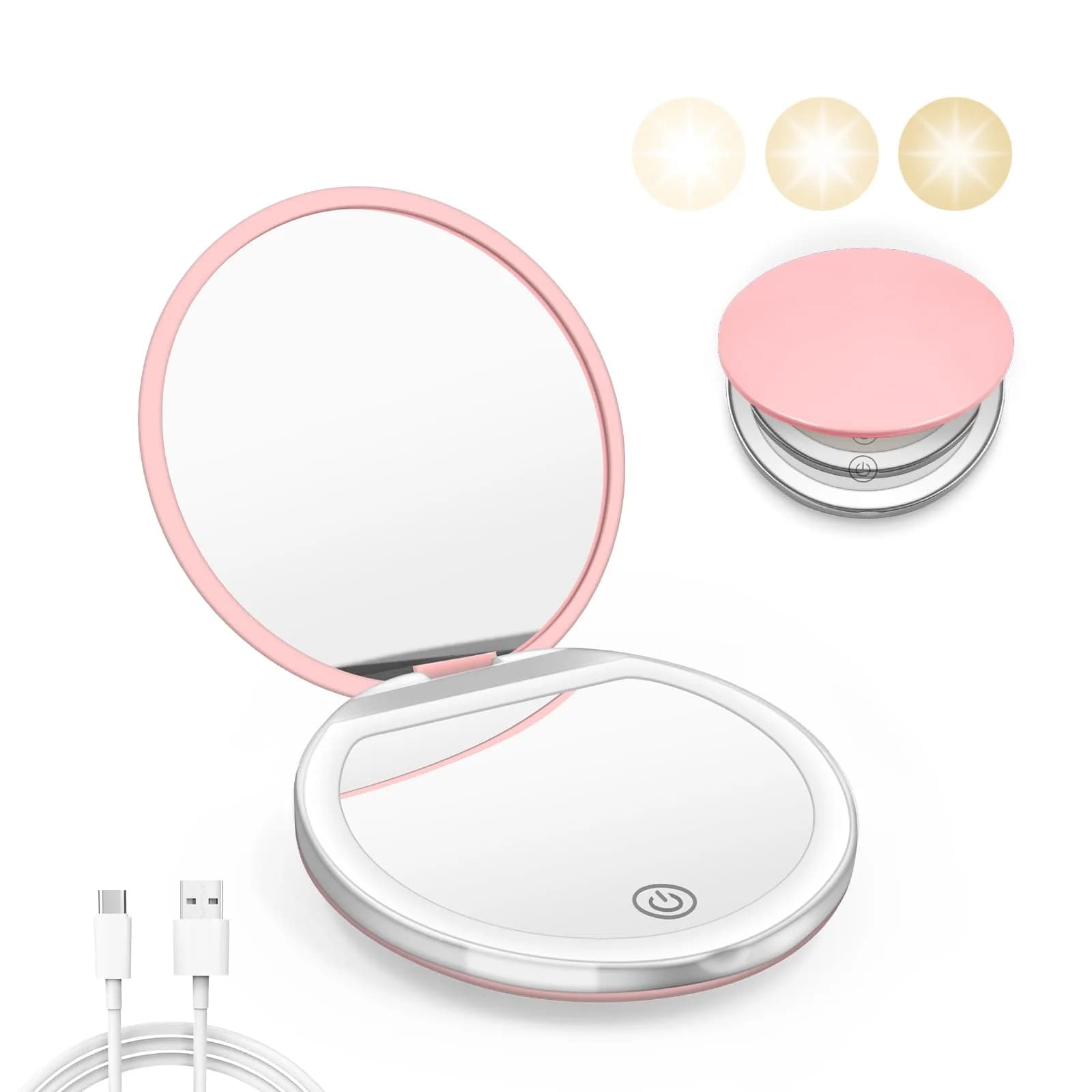 Kakuje Pink Compact Mirror with Light, 1X/3X Magnification LED Pocket Mirror | Rechargeable, Portable, Travel-Ready