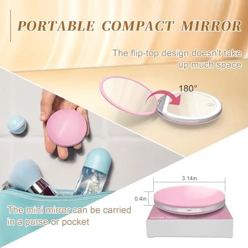 Kakuje Pink Compact Mirror with Light, 1X/3X Magnification LED Pocket Mirror | Rechargeable, Portable, Travel-Ready thumbnail 6