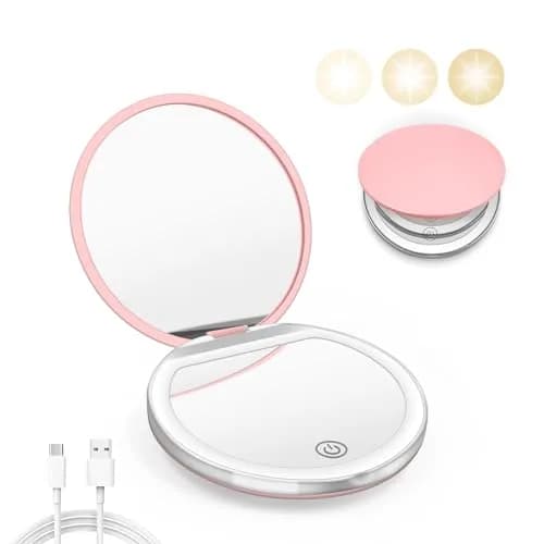 Kakuje Pink Compact Mirror with Light, 1X/3X Magnification LED Pocket Mirror | Rechargeable, Portable, Travel-Ready thumbnail 1