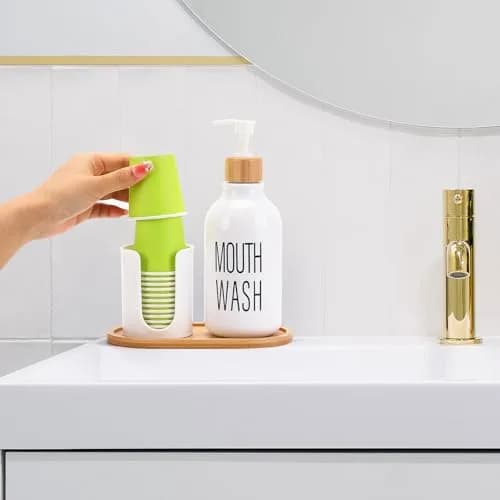 Tbestmax White 17oz Pump Dispenser with Cup Holder & Tray | Organizes Bathroom Countertops thumbnail 5