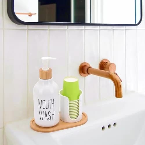Tbestmax White 17oz Pump Dispenser with Cup Holder & Tray | Organizes Bathroom Countertops thumbnail 6