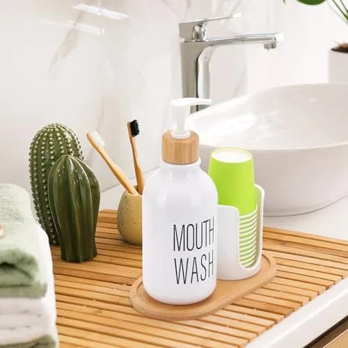Tbestmax White 17oz Pump Dispenser with Cup Holder & Tray | Organizes Bathroom Countertops thumbnail 7