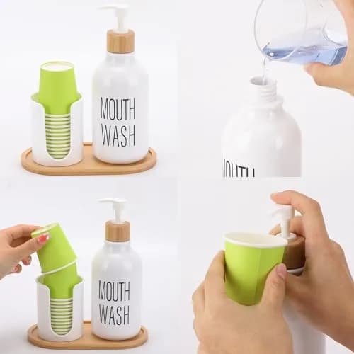 Tbestmax White 17oz Pump Dispenser with Cup Holder & Tray | Organizes Bathroom Countertops thumbnail 3