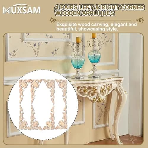 MUXSAM Wood Carved Appliques Onlays 20 cm (7.87") | 4-Pair Set for Furniture Corners thumbnail 4