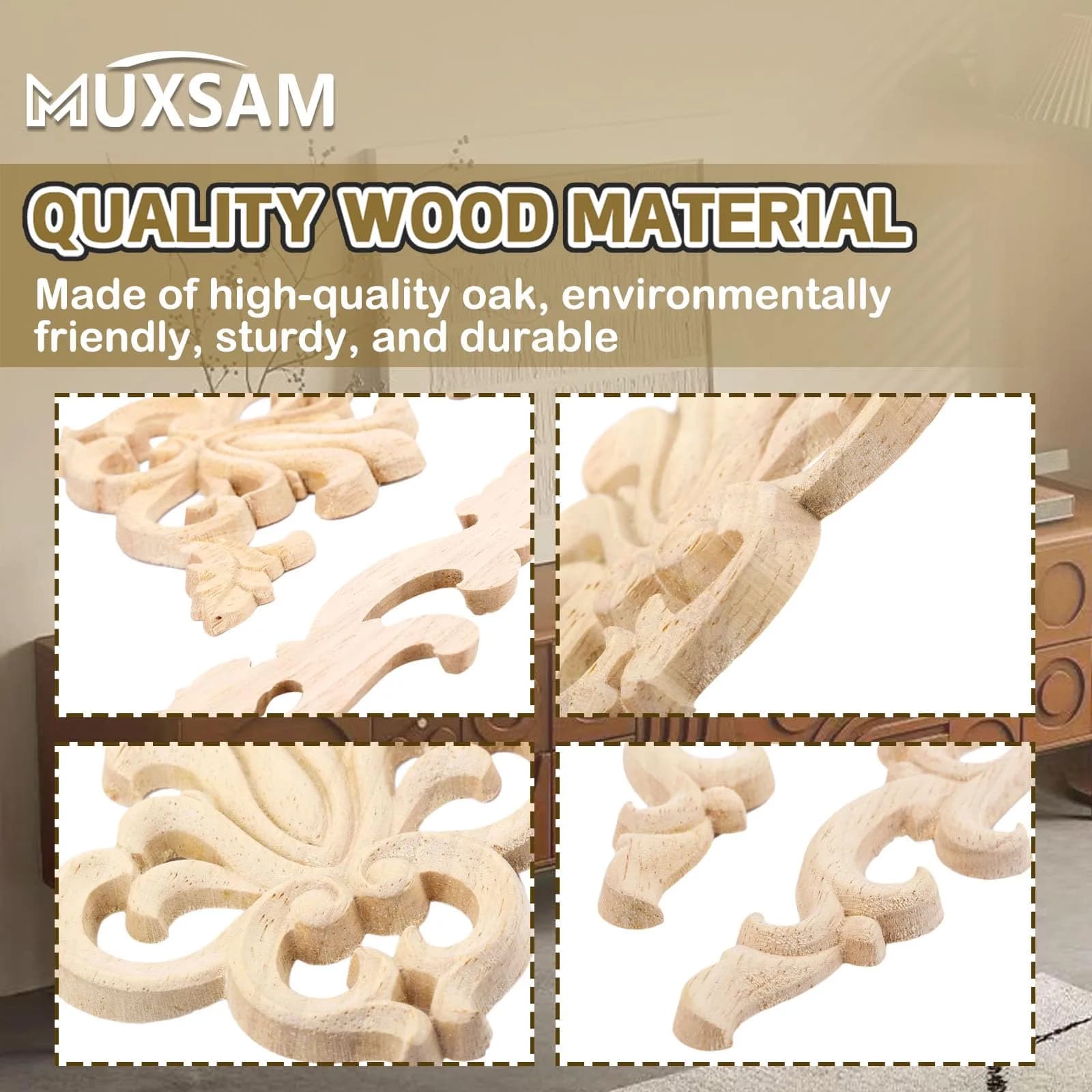 MUXSAM Wood Carved Appliques Onlays 20 cm (7.87") | 4-Pair Set for Furniture Corners - view 5