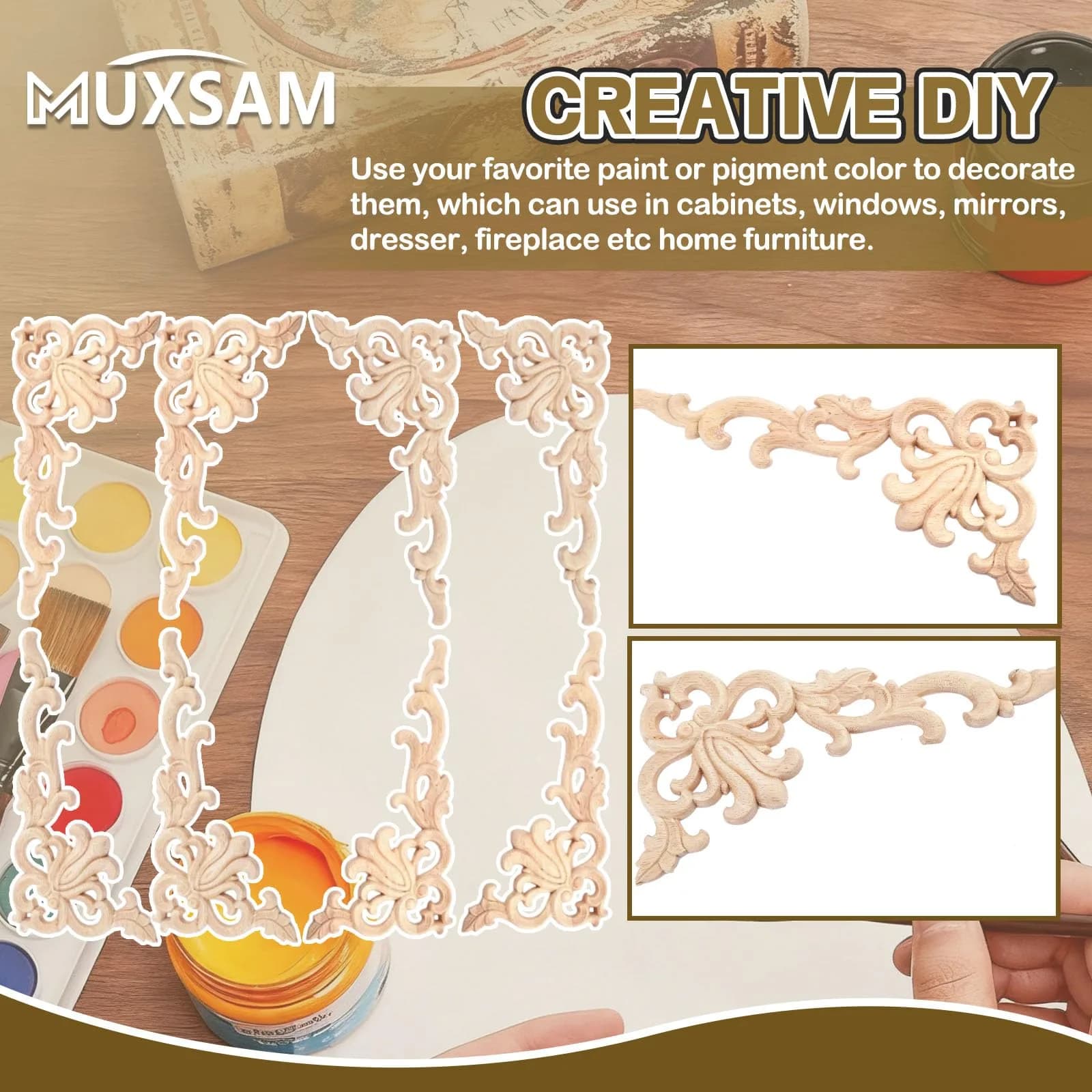 MUXSAM Wood Carved Appliques Onlays 20 cm (7.87") | 4-Pair Set for Furniture Corners - view 7
