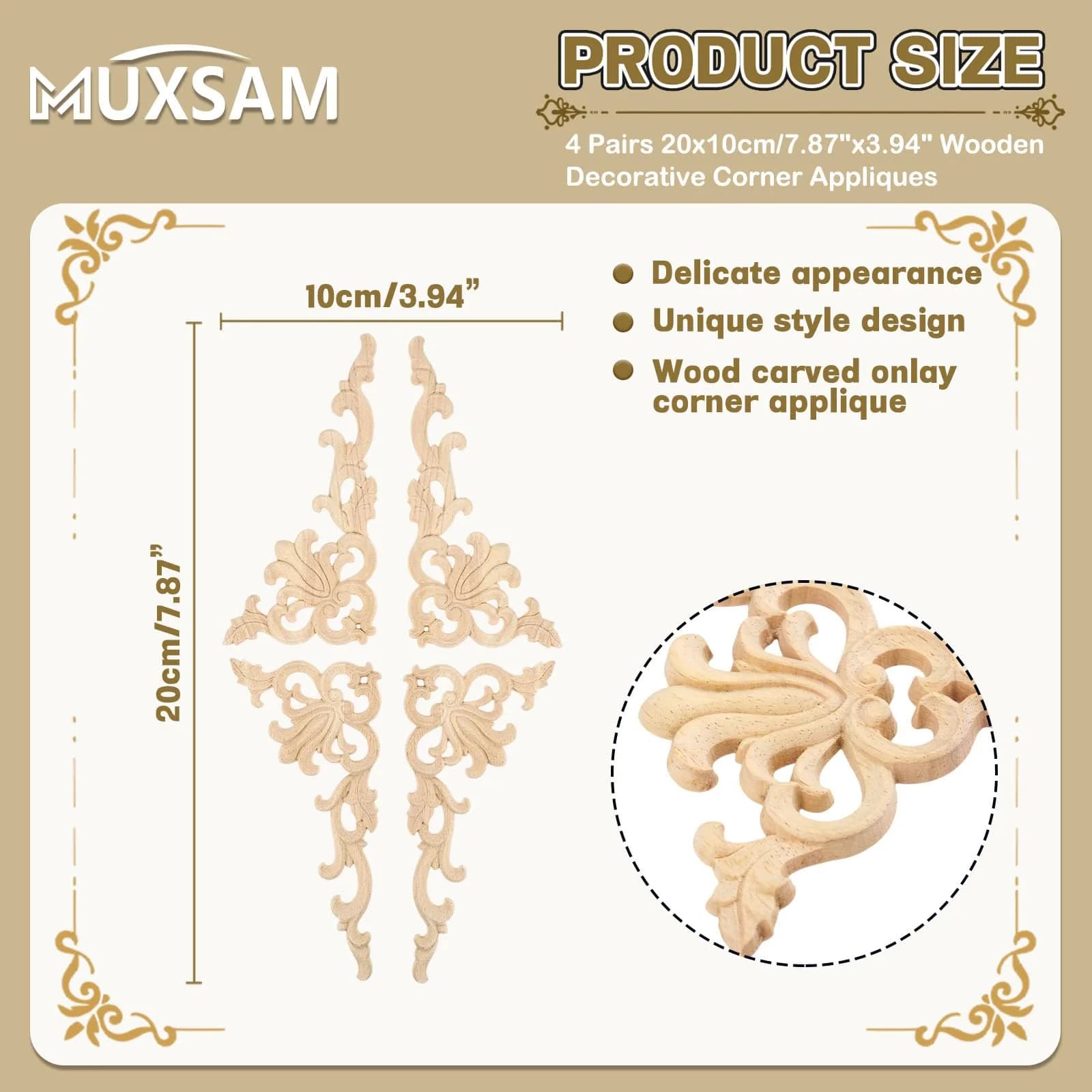 MUXSAM Wood Carved Appliques Onlays 20 cm (7.87") | 4-Pair Set for Furniture Corners - view 2