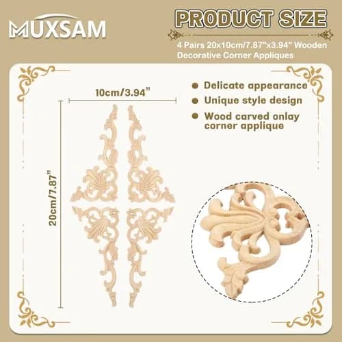 MUXSAM Wood Carved Appliques Onlays 20 cm (7.87") | 4-Pair Set for Furniture Corners thumbnail 2
