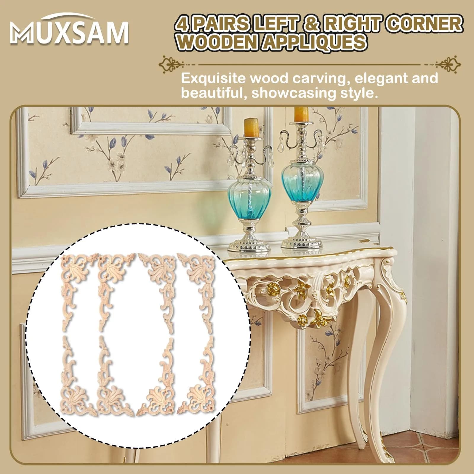 MUXSAM Wood Carved Appliques Onlays 20 cm (7.87") | 4-Pair Set for Furniture Corners - view 4