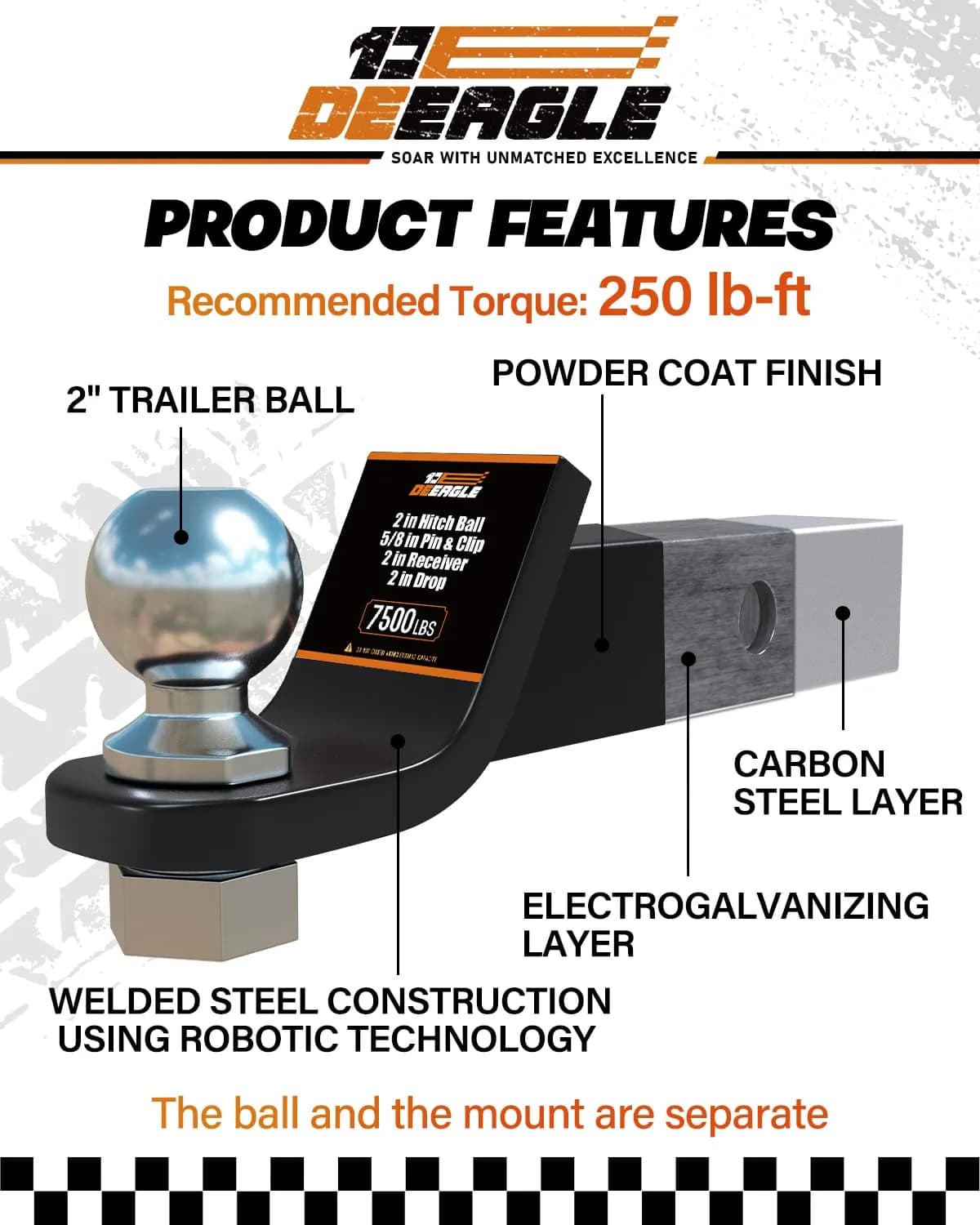 DEEAGLE 2 Inch Trailer Ball Hitch with Pin, 7500lbs GTW | Fits 2" Receivers thumbnail 4