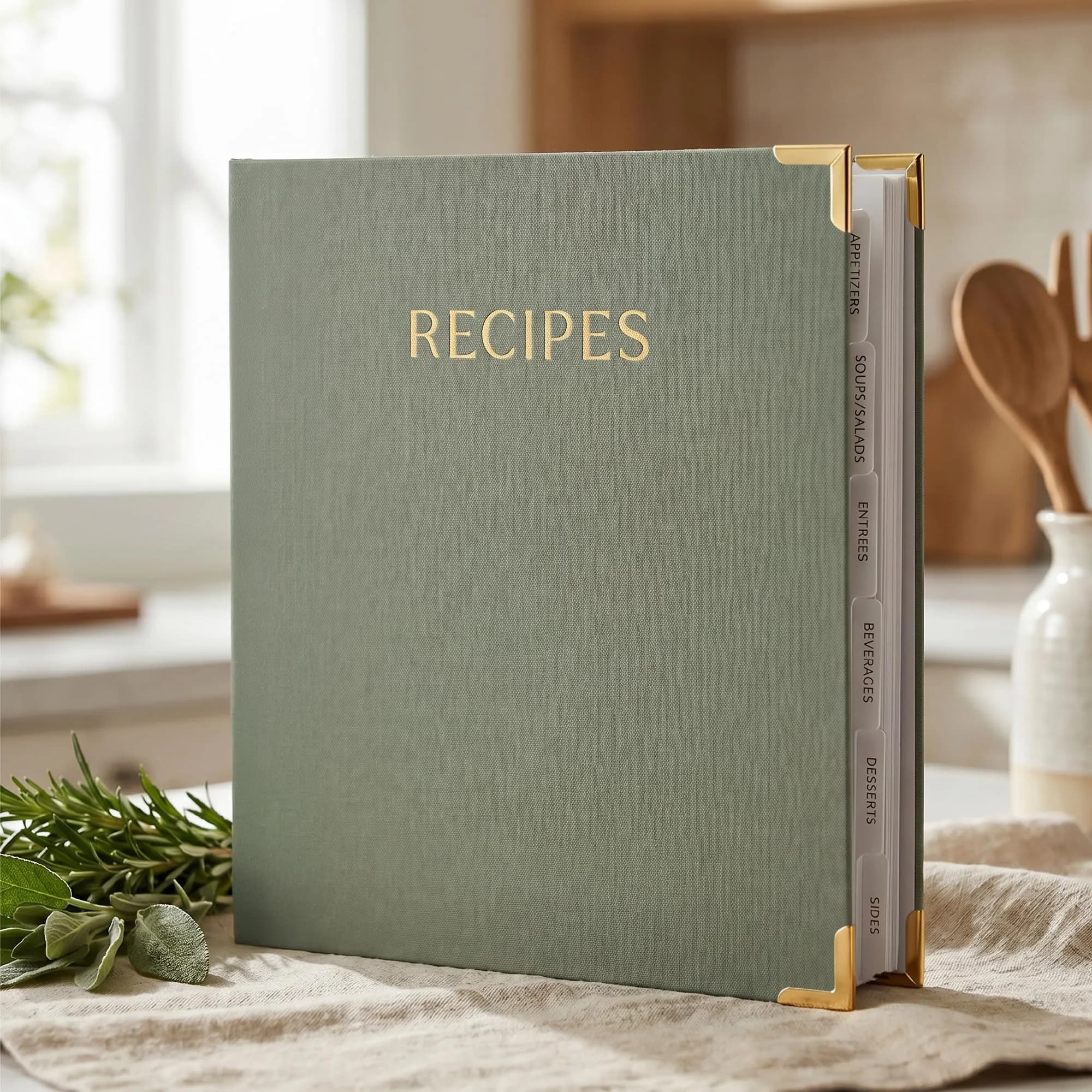 ZICOTO Recipe Binder with Waterproof Cloth Cover & Plastic Sleeves | Organize Family Recipes in Style — Sage Green