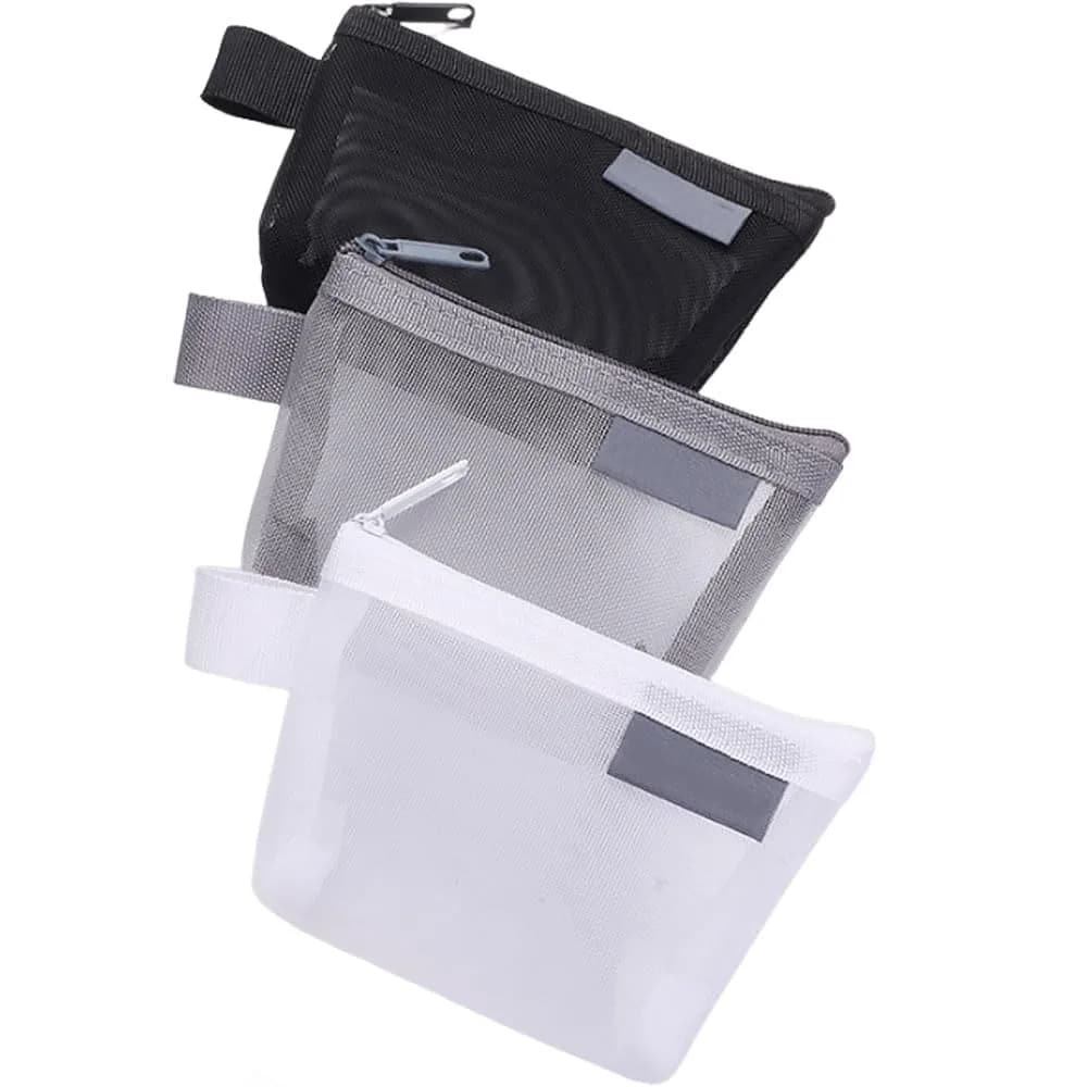 Finyoffiy 3-Pack Portable Square Mesh Storage Bags | Zippered Cosmetic & Coin Pouch, 4.72 x 1.18 x 3.14 inches — Grey+Black+White