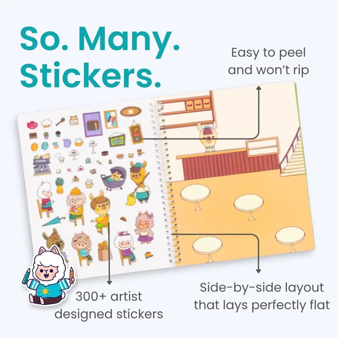 CUPKIN Llama Village Sticker Book with 300+ Stickers & Coloring Pages, Lay-Flat Spiral Bound, Ages 2-8 - view 3