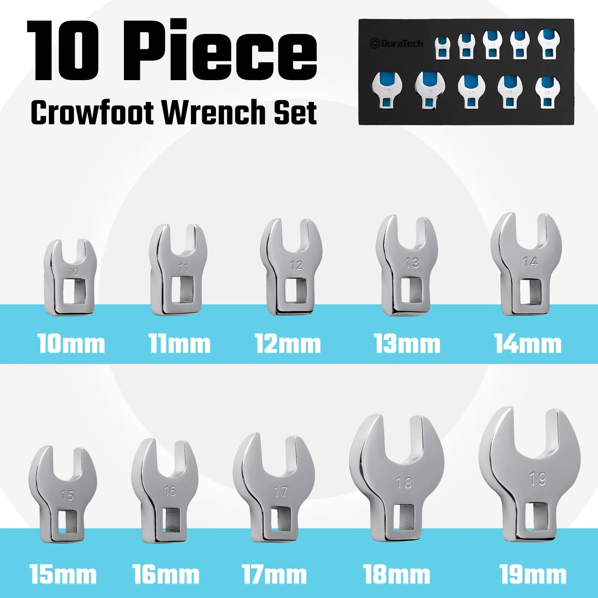 DURATECH 10-Piece 3/8" Drive Crowfoot Wrench Set Metric 10-19mm | CR-V Steel with EVA Organizer - view 2