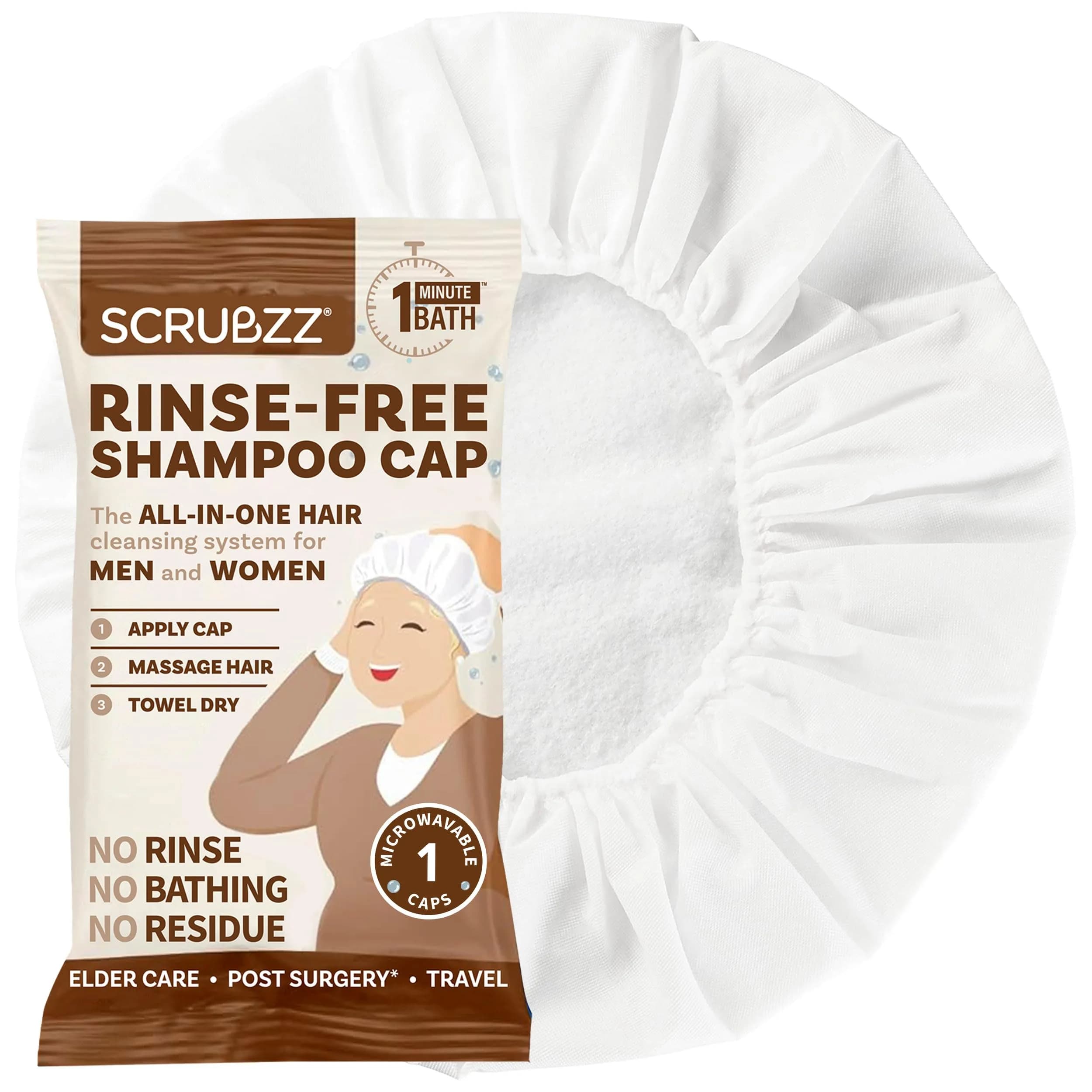 Scrubzz Waterless Shampoo Cap Coconut Vanilla | No Rinse Hair Wash for Elderly & Bedridden (70-120 chars)