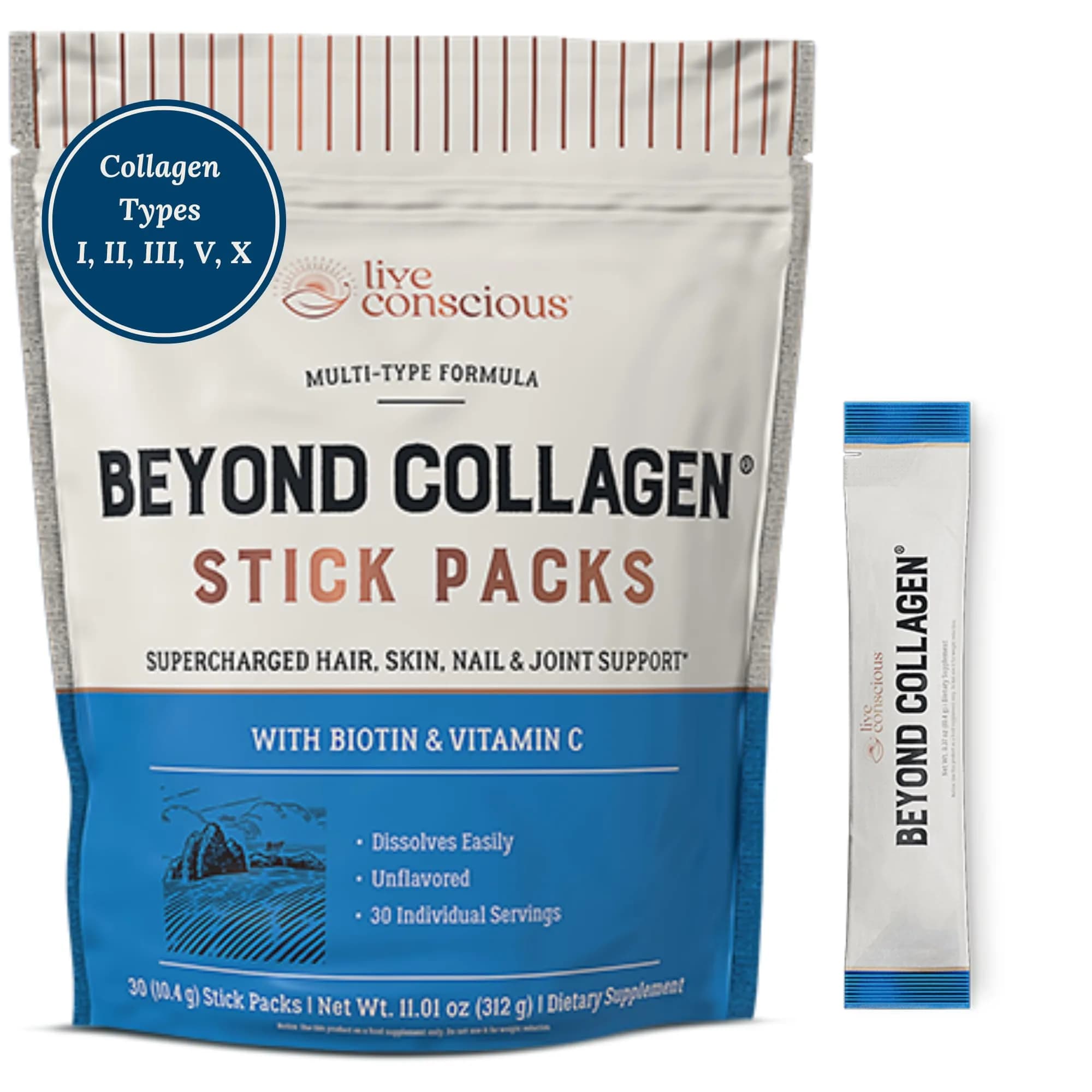 Live Conscious Beyond Collagen Peptides Powder Packets | Multi-Type Collagen for Hair Skin Nail & Joint Support - main product image