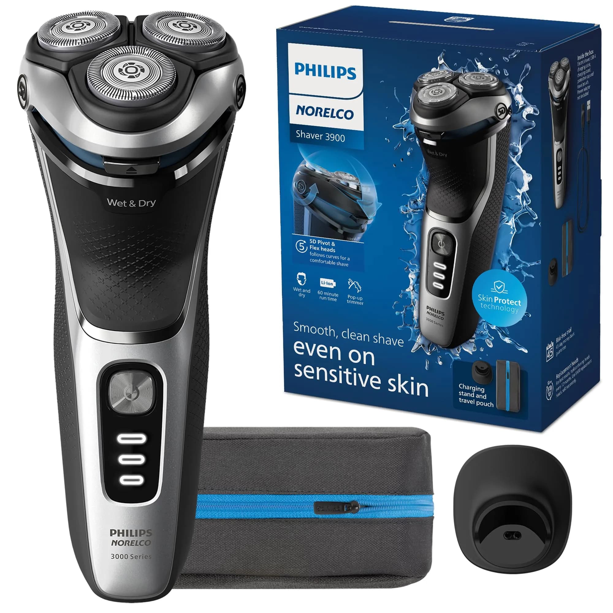 Philips Norelco 3900 Series Electric Shaver Storm Blue | Wet & Dry, Self-Sharpening Blades, 60 Min Battery