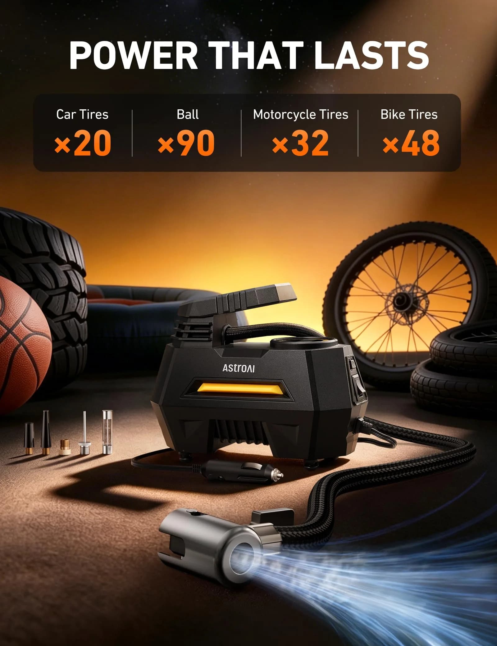 AstroAI AIRUN H1 Tire Inflator Portable Air Compressor 12V DC | Fast Inflation Electric Air Pump with Digital Gauge & LED Light - view 4