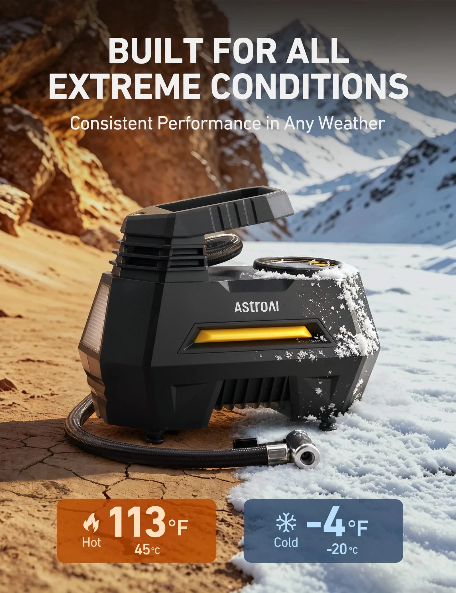AstroAI AIRUN H1 Tire Inflator Portable Air Compressor 12V DC | Fast Inflation Electric Air Pump with Digital Gauge & LED Light - view 5