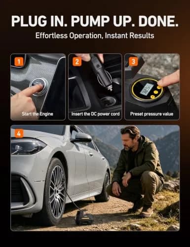 AstroAI AIRUN H1 Tire Inflator Portable Air Compressor 12V DC | Fast Inflation Electric Air Pump with Digital Gauge & LED Light thumbnail 6