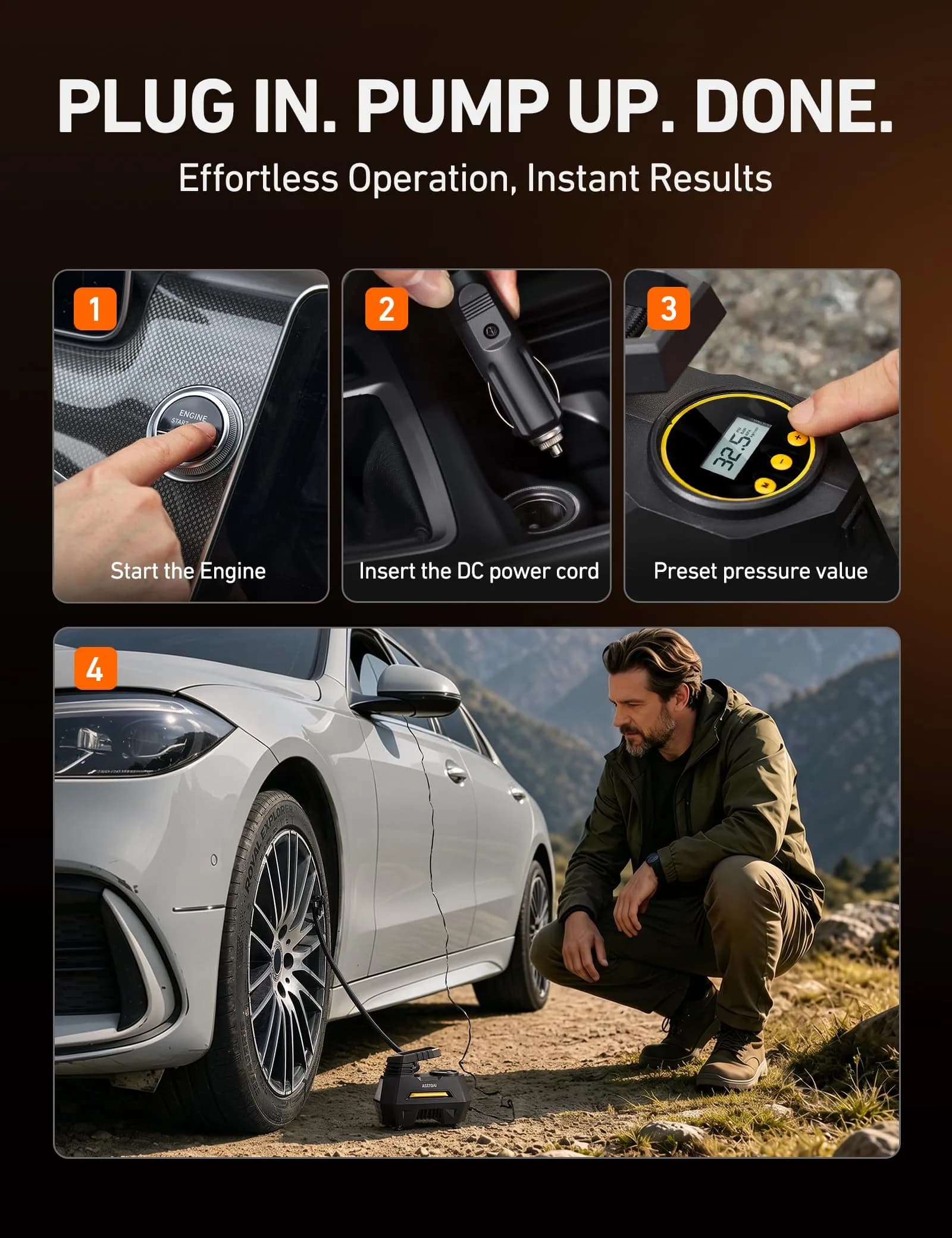 AstroAI AIRUN H1 Tire Inflator Portable Air Compressor 12V DC | Fast Inflation Electric Air Pump with Digital Gauge & LED Light - view 6