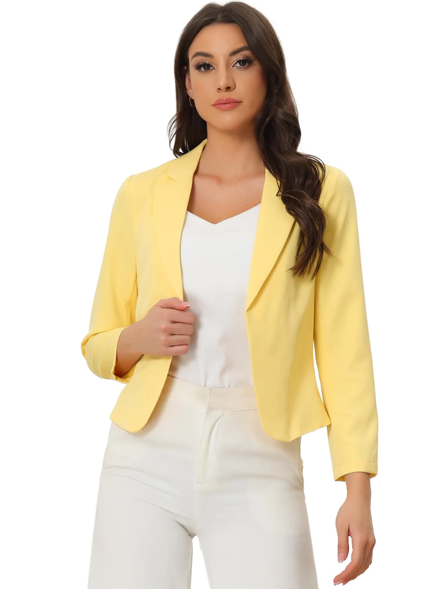 Allegra K Women's Open Front Crop Suit Blazer Medium Yellow-Solid | Lightweight Summer Office Wear — Yellow-solid