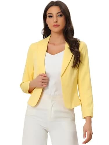 Allegra K Women's Open Front Crop Suit Blazer Medium Yellow-Solid | Lightweight Summer Office Wear thumbnail 1