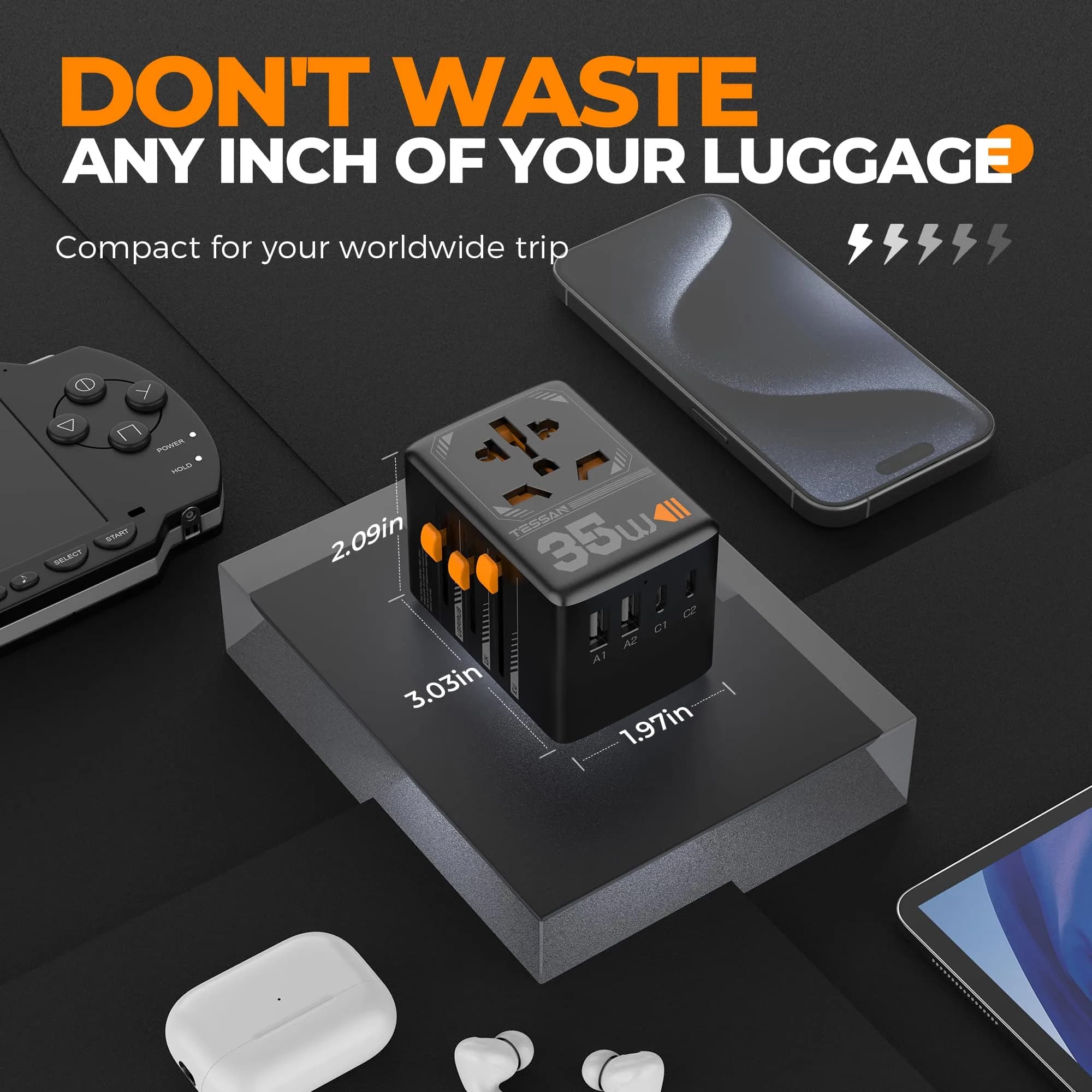 TESSAN Universal Travel Adapter 35W 6-in-1 with 3 USB-C, 2 USB-A Ports | Worldwide Power Converter for 200+ Countries - view 5