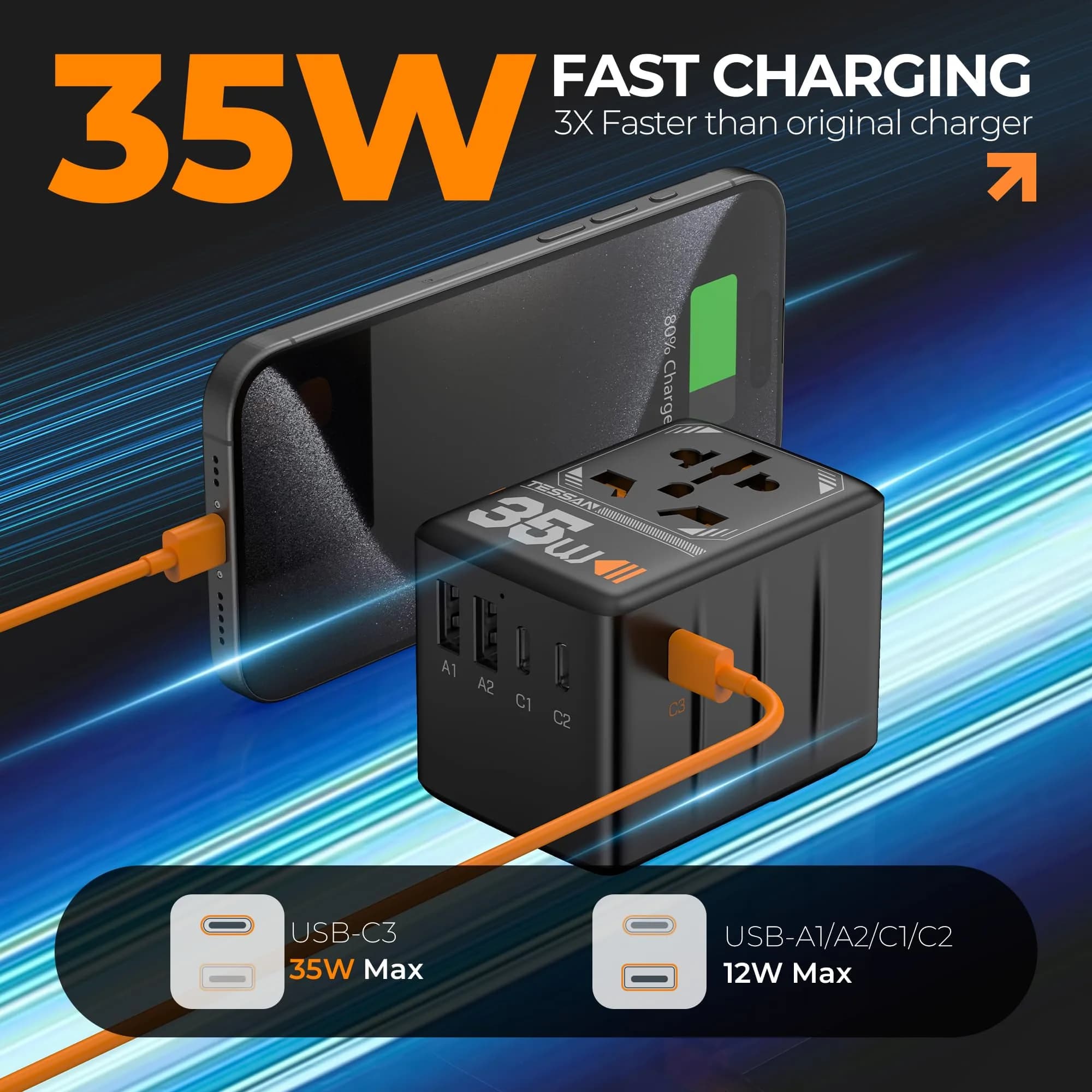 TESSAN Universal Travel Adapter 35W 6-in-1 with 3 USB-C, 2 USB-A Ports | Worldwide Power Converter for 200+ Countries - view 3