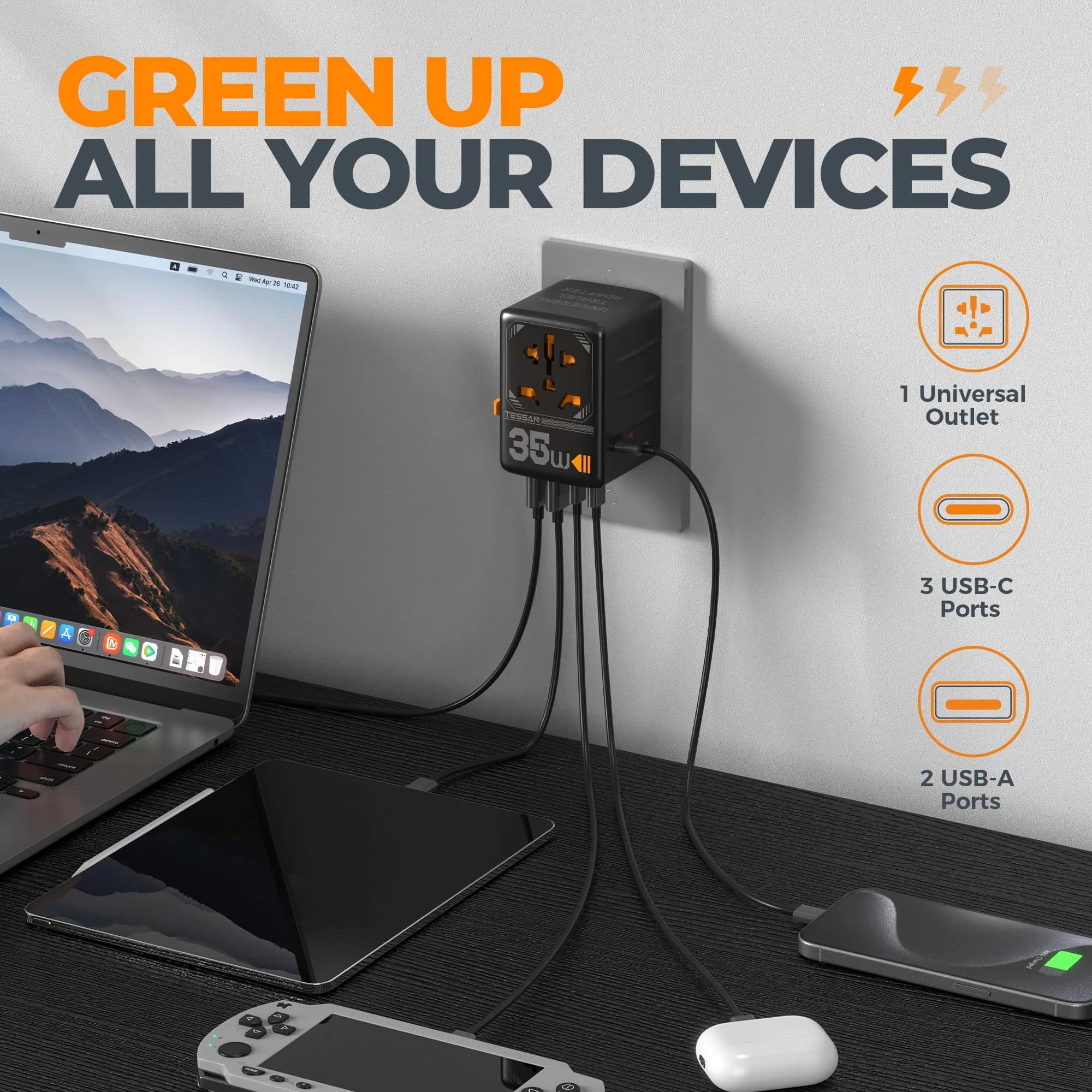 TESSAN Universal Travel Adapter 35W 6-in-1 with 3 USB-C, 2 USB-A Ports | Worldwide Power Converter for 200+ Countries - view 4