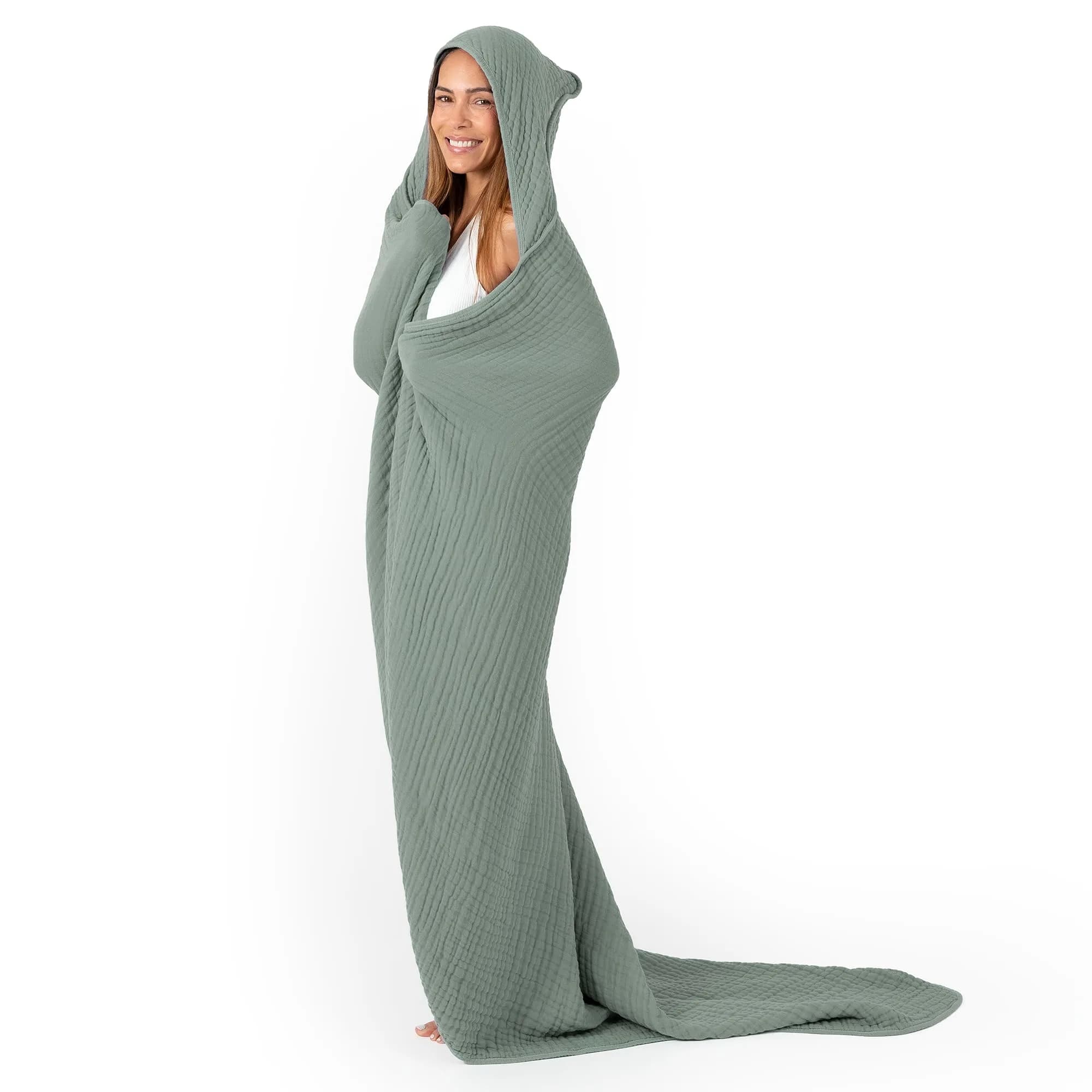 Comfy Cubs Adult Hooded Towel - Large 58'' x 58'', Soft, Absorbent, Stylish Dual-Function Muslin Towel Hoodie for Bath, Relaxation, and Everyday Use - Fern