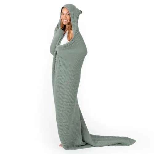 Comfy Cubs Adult Hooded Towel - Large 58'' x 58'', Soft, Absorbent, Stylish Dual-Function Muslin Towel Hoodie for Bath, Relaxation, and Everyday Use - Fern thumbnail 1