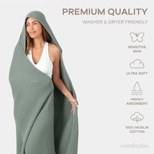 Comfy Cubs Adult Hooded Towel - Large 58'' x 58'', Soft, Absorbent, Stylish Dual-Function Muslin Towel Hoodie for Bath, Relaxation, and Everyday Use - Fern thumbnail 4